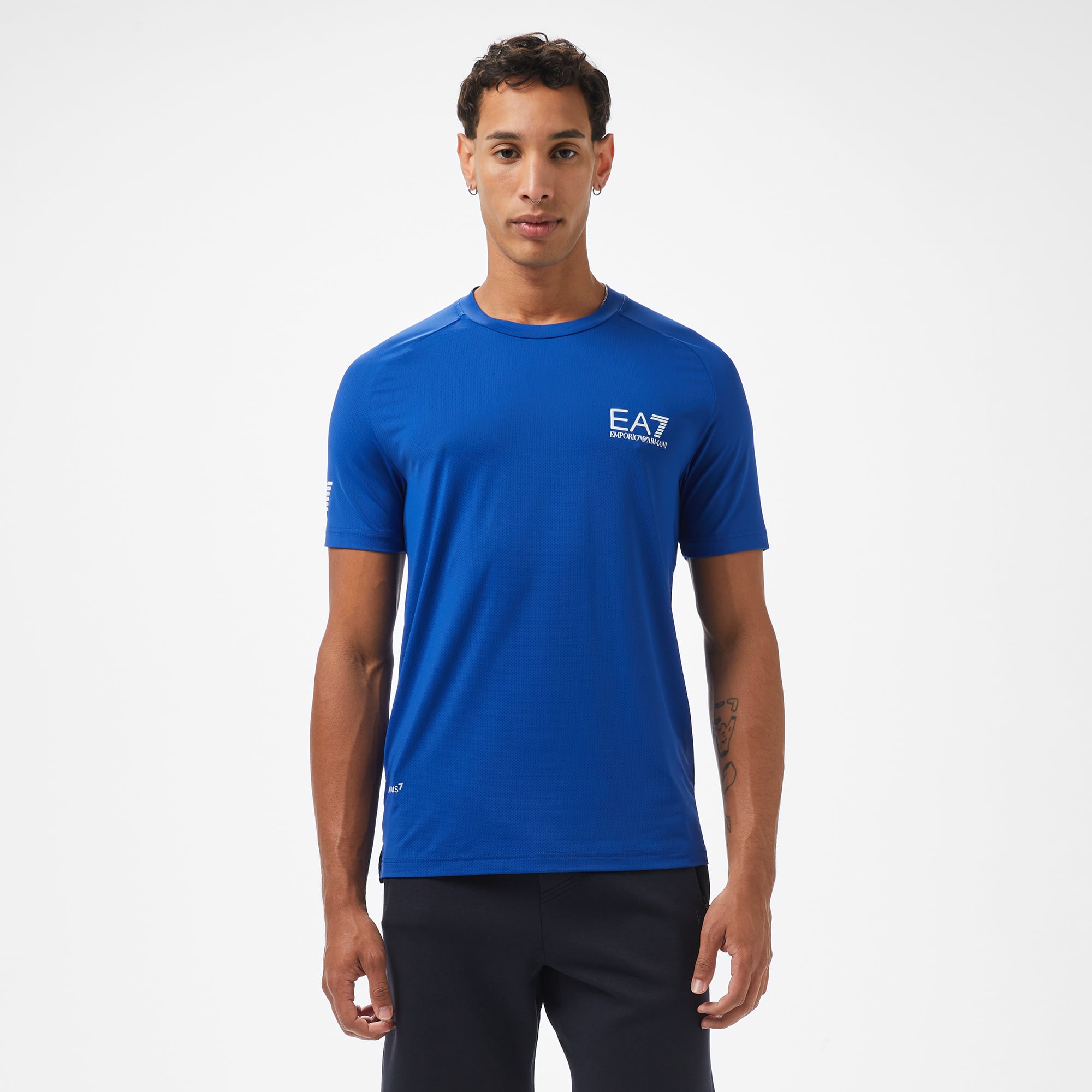 EA7 Erkek Mavi Bisiklet Yaka T-Shirt