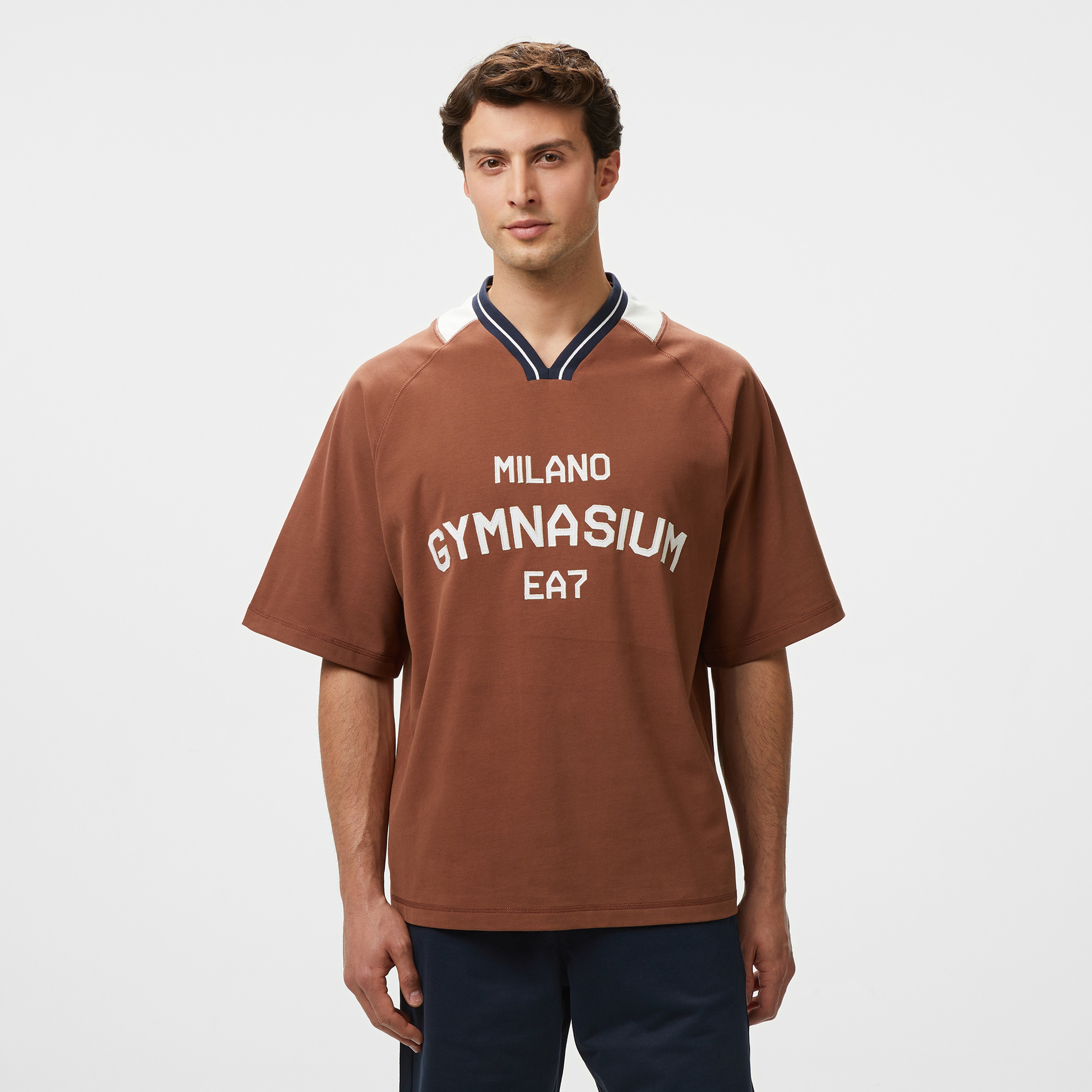 EA7 Erkek Kahverengi Bisiklet Yaka T-Shirt