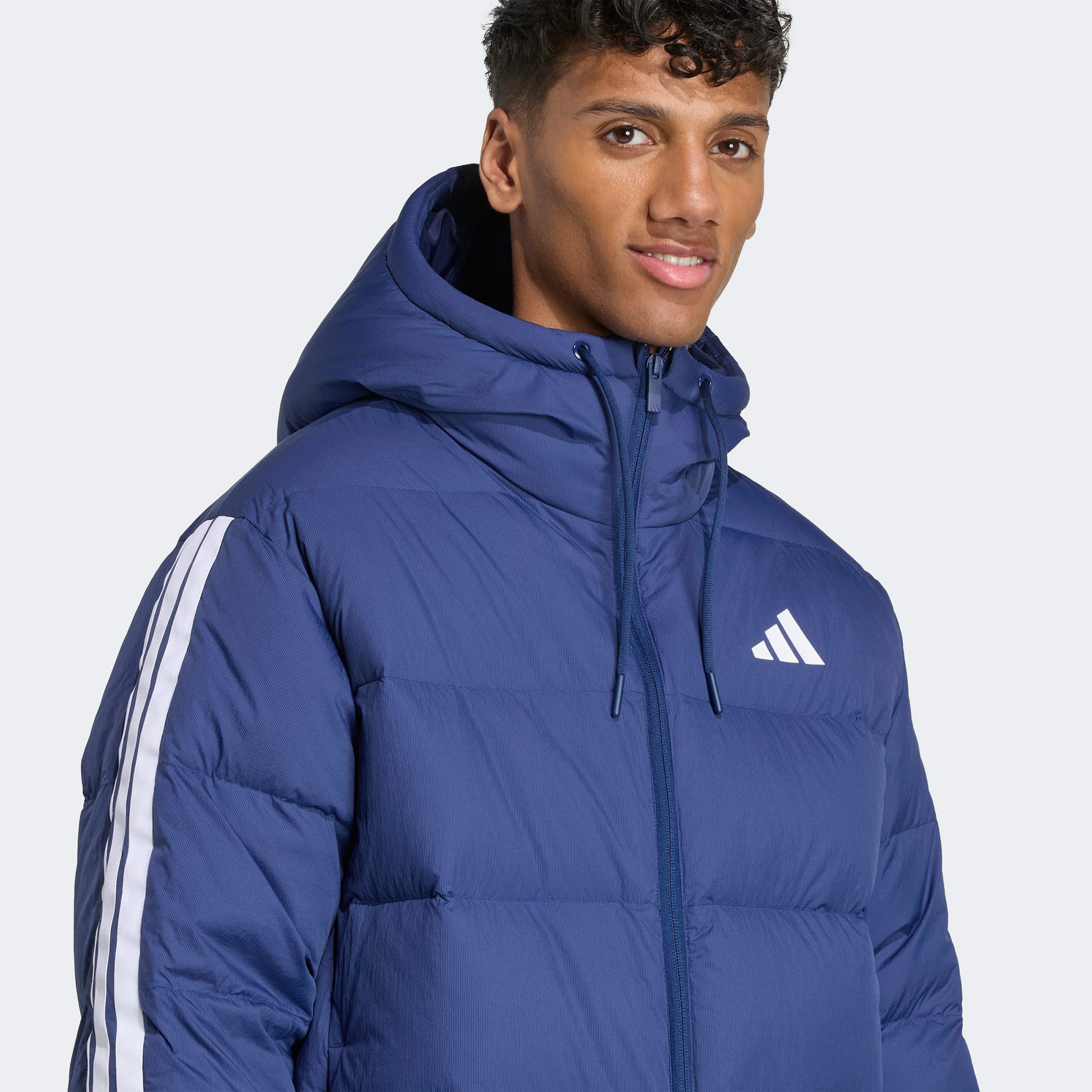adidas Essentials Climawarm 3 Stripes Puffer Down Kapüşonlu Erkek Lacivert Outdoor Montu