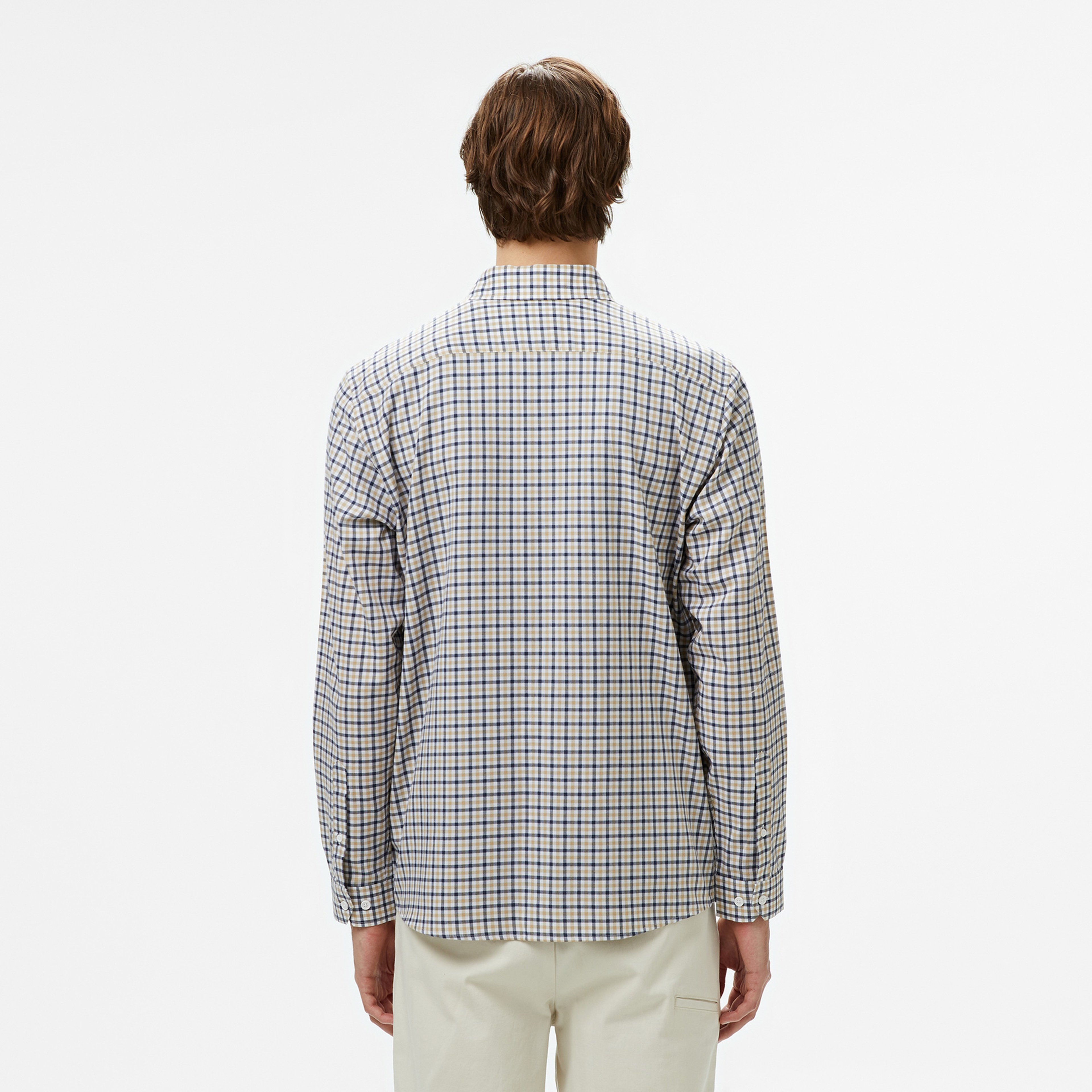 Erkek Regular Fit Düğmeli Yaka Kareli Kahverengi Gömlek