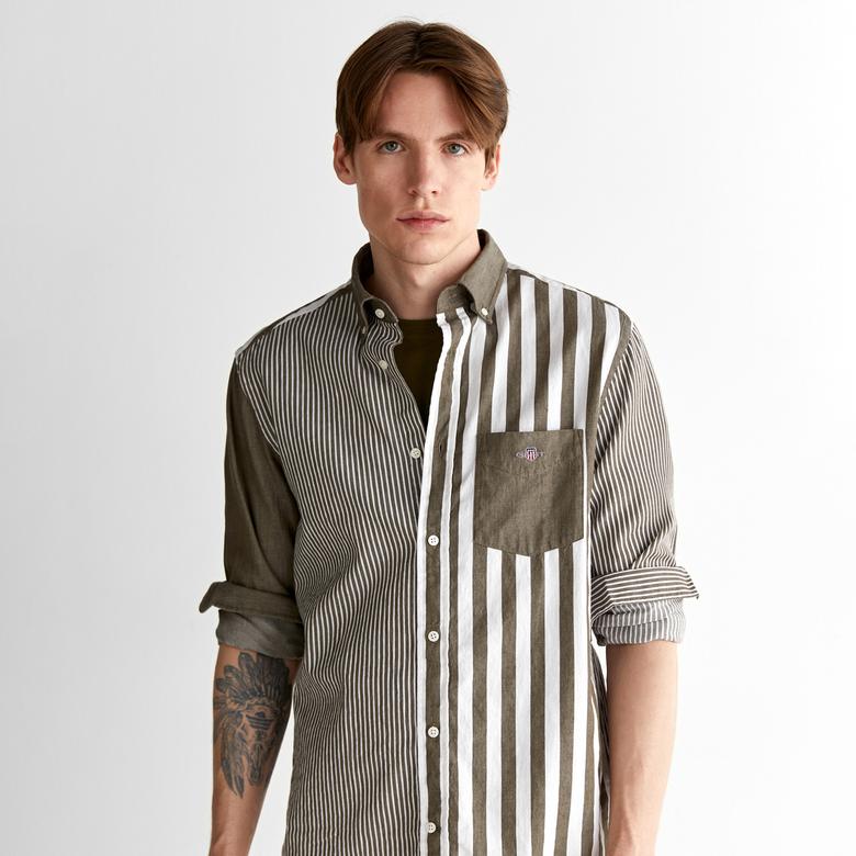 GANT Erkek Yeşil Regular Fit Düğmeli Yaka Çizgili Gömlek