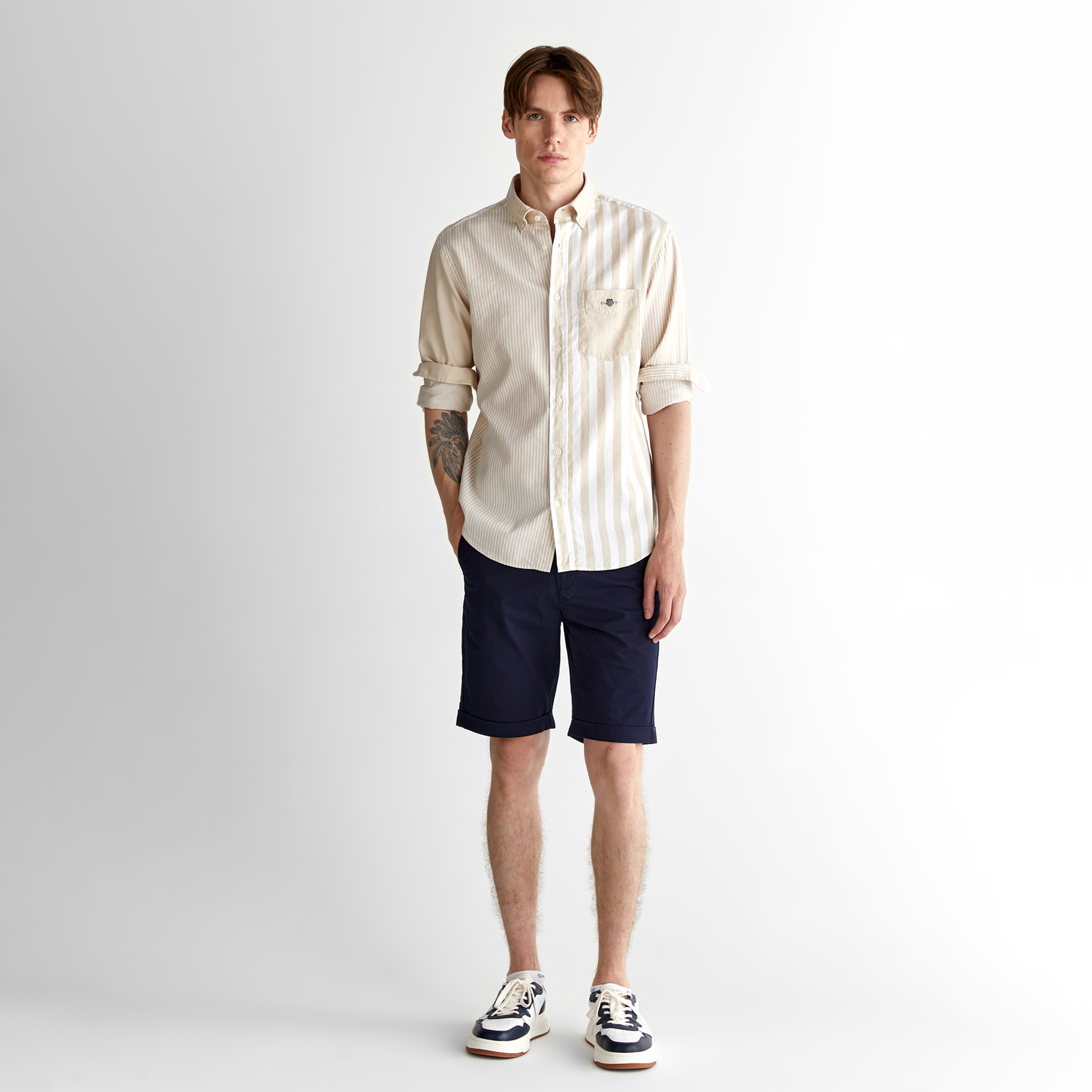 GANT Erkek Bej Regular Fit Düğmeli Yaka Çizgili Gömlek