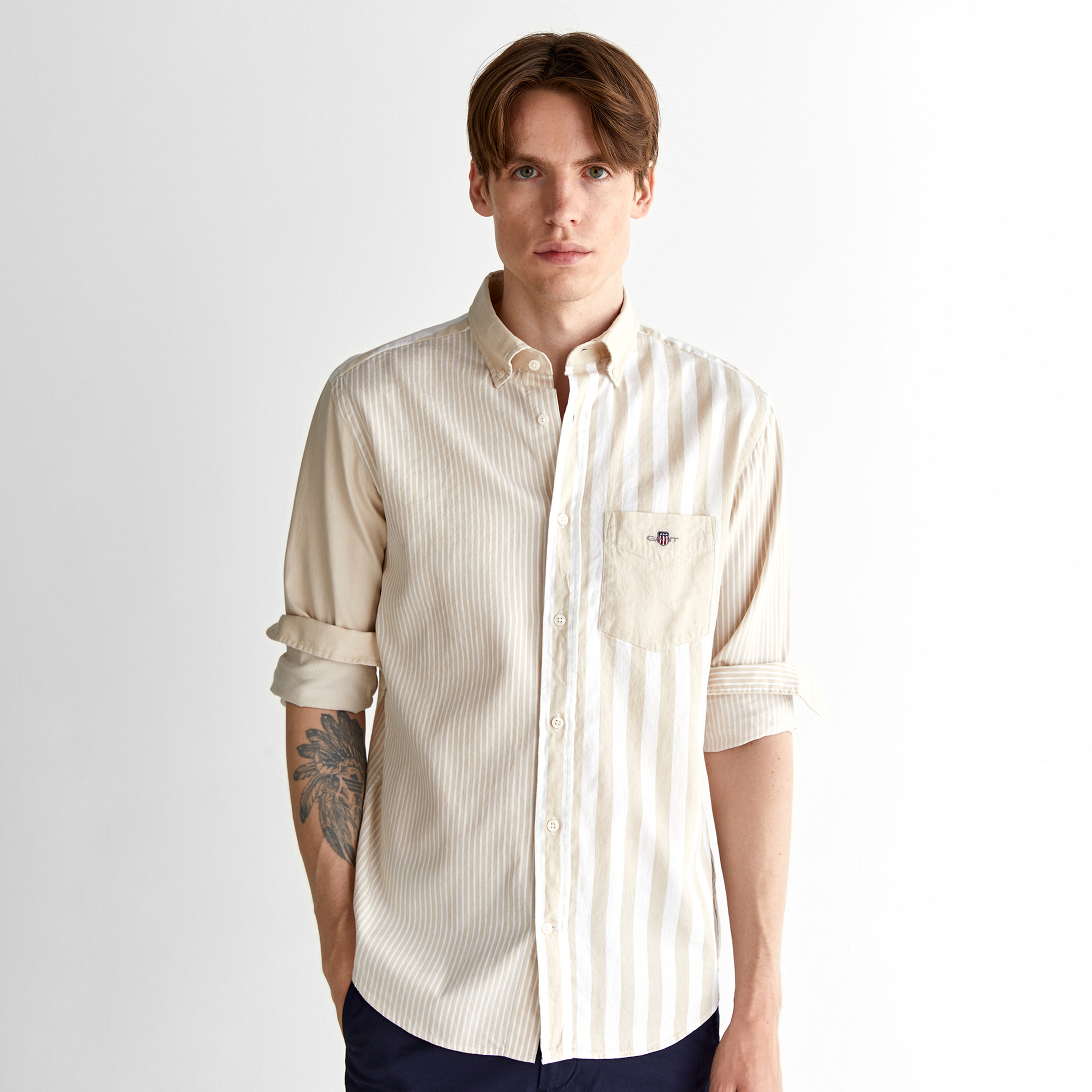 GANT Erkek Bej Regular Fit Düğmeli Yaka Çizgili Gömlek