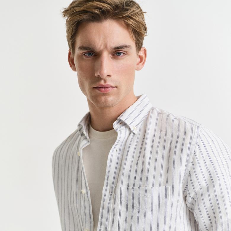 GANT Erkek Beyaz Regular Fit Düğmeli Yaka Çizgili Gömlek