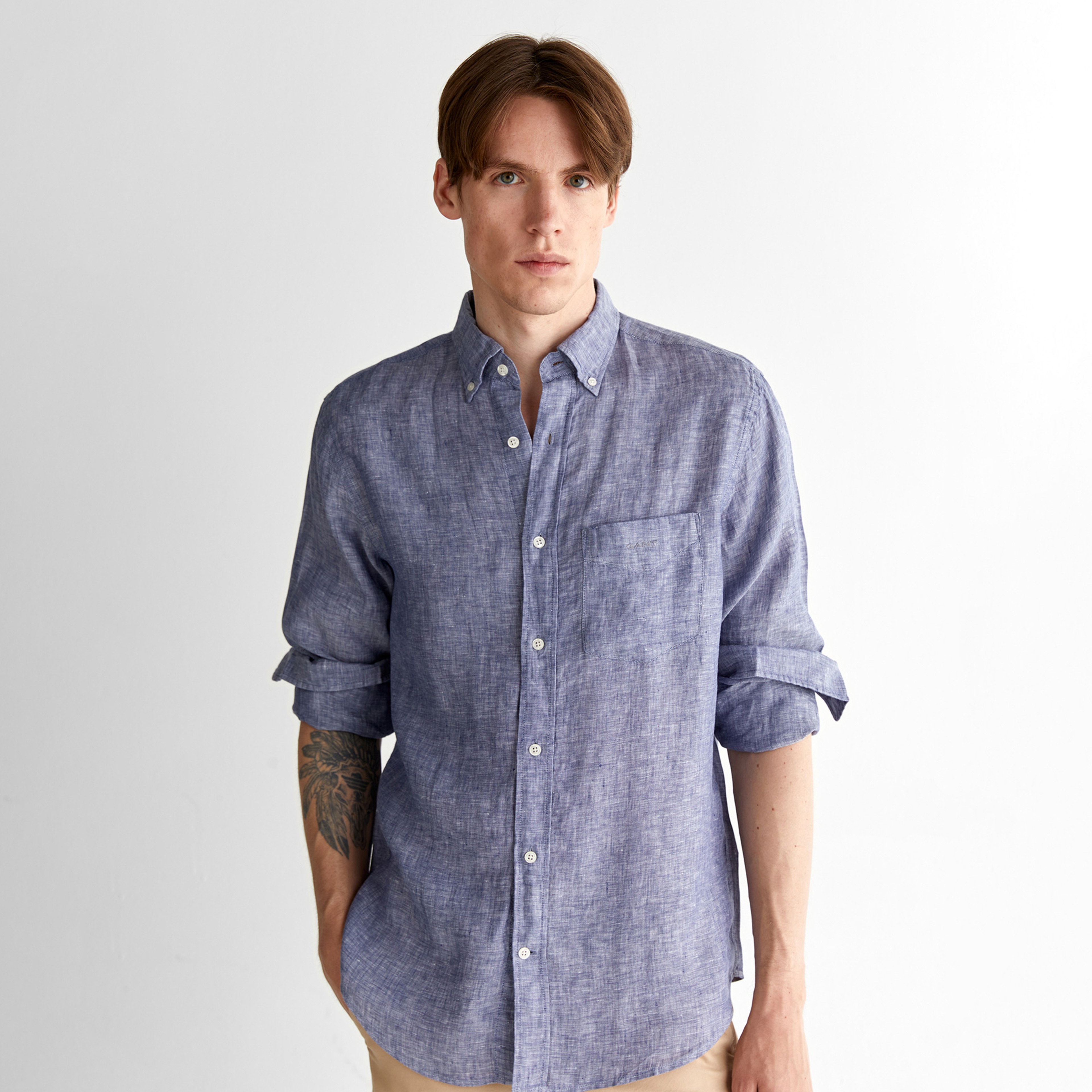 GANT Erkek Mavi Regular Fit Düğmeli Yaka Keten Gömlek