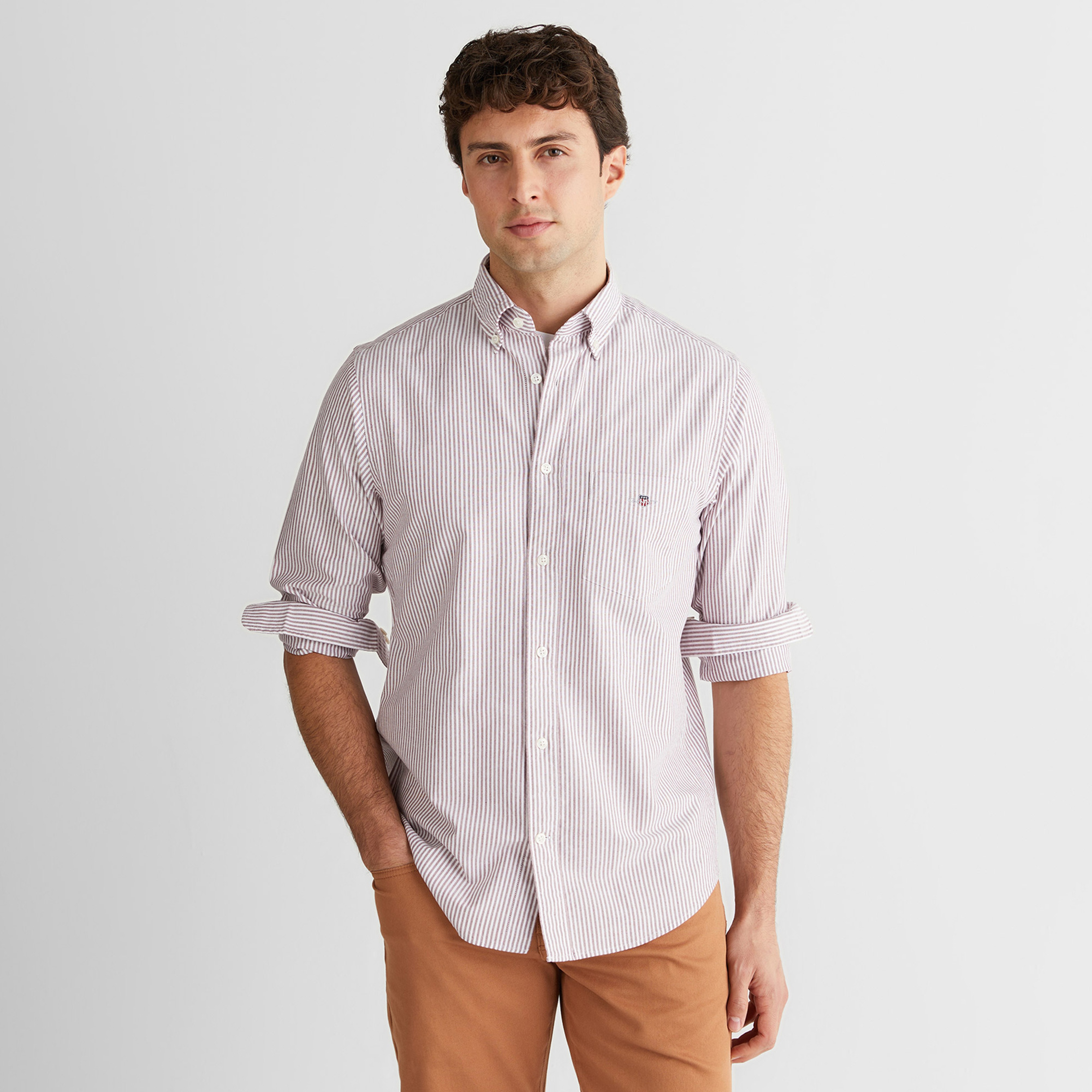 GANT Erkek Bordo Regular Fit Düğmeli Yaka Çizgili Oxford Gömlek