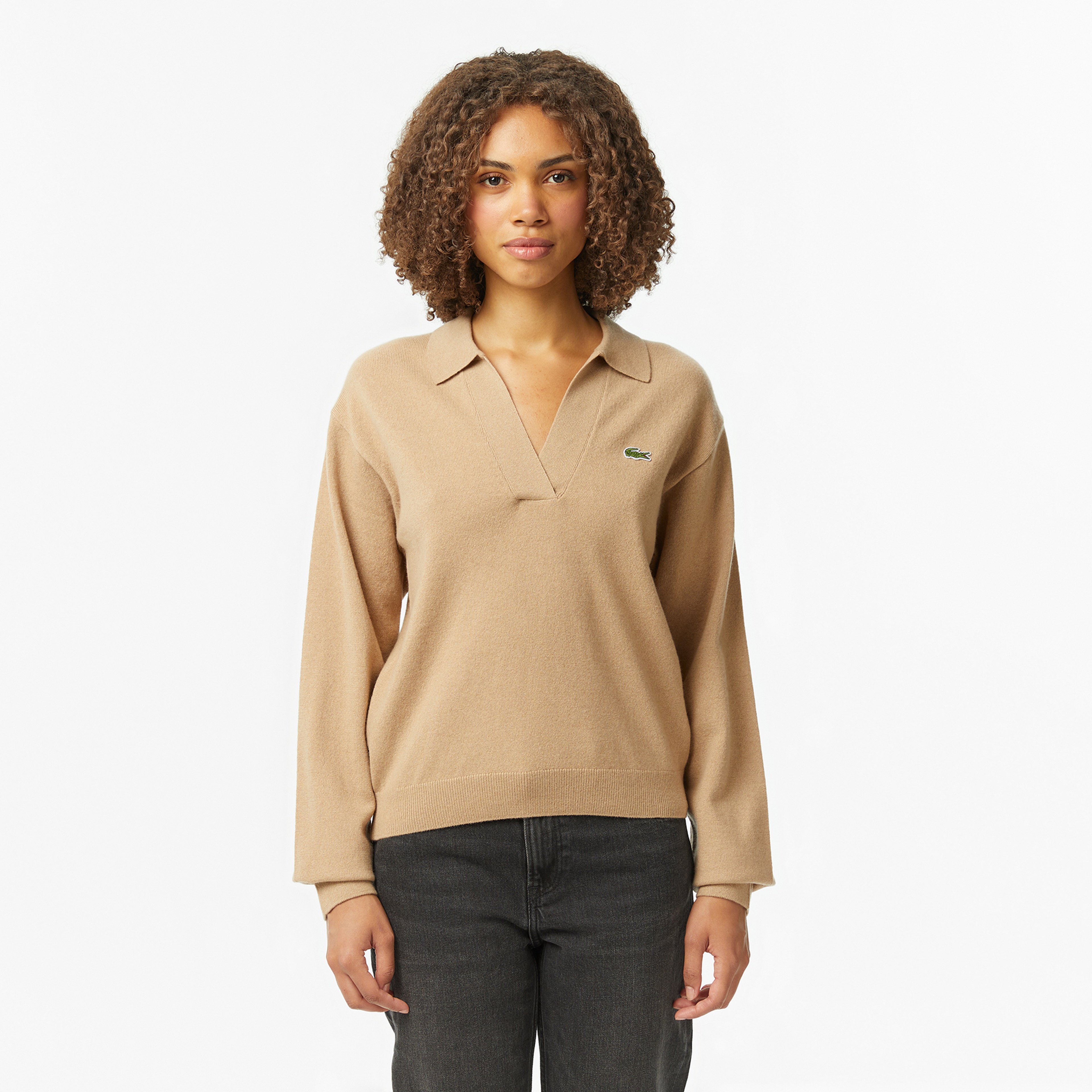 Kadın Classic Fit Polo Yaka Bej Kazak