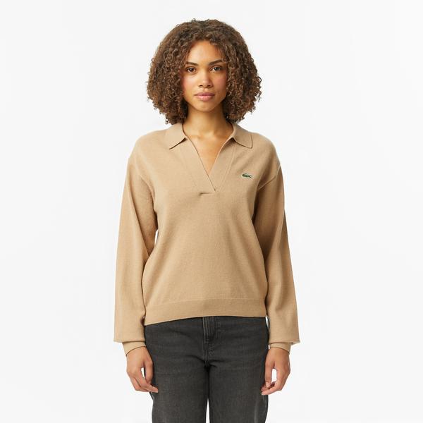 Kadın Classic Fit Polo Yaka Bej Kazak