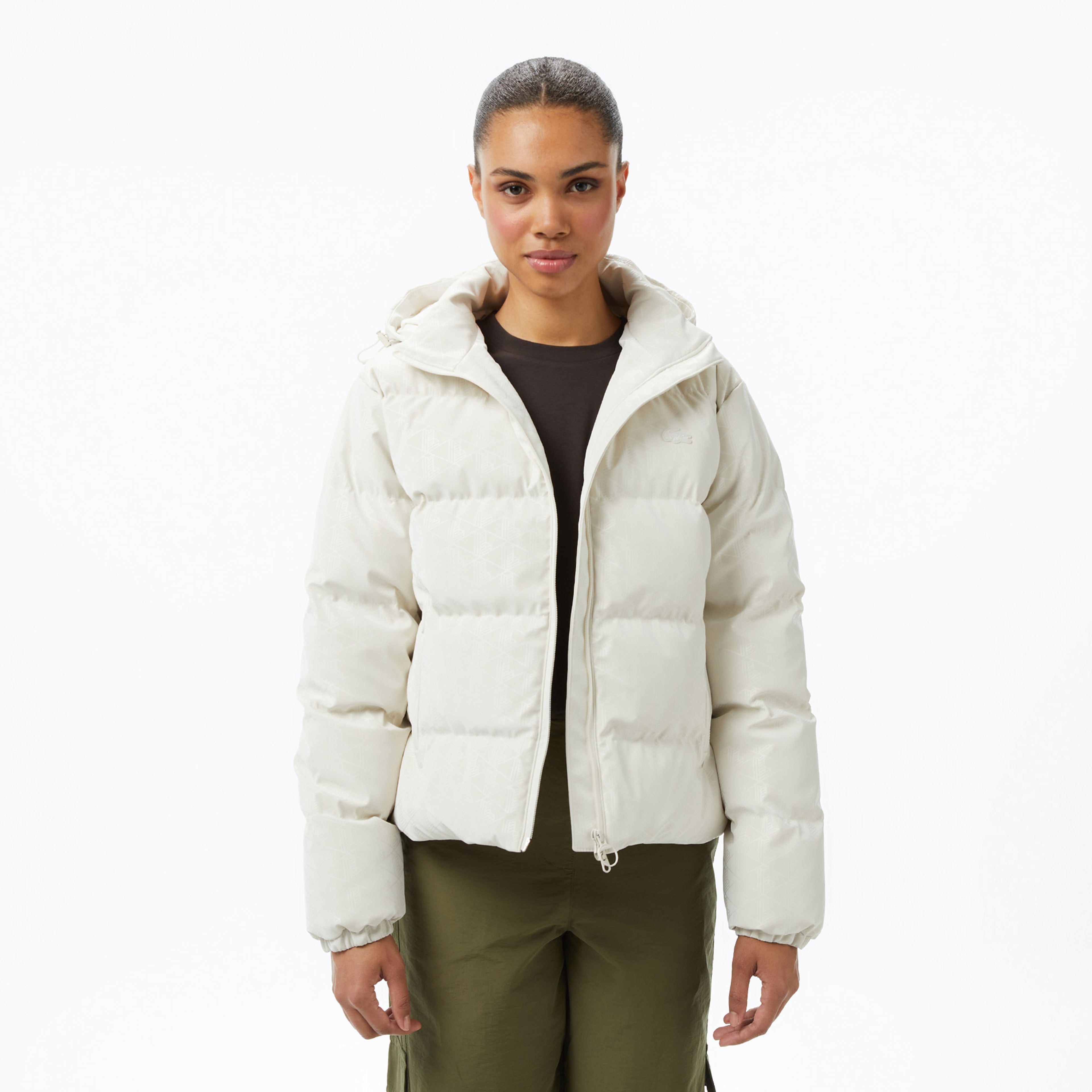 Lacoste Kadın Kapüşonlu Monogram Beyaz Mont