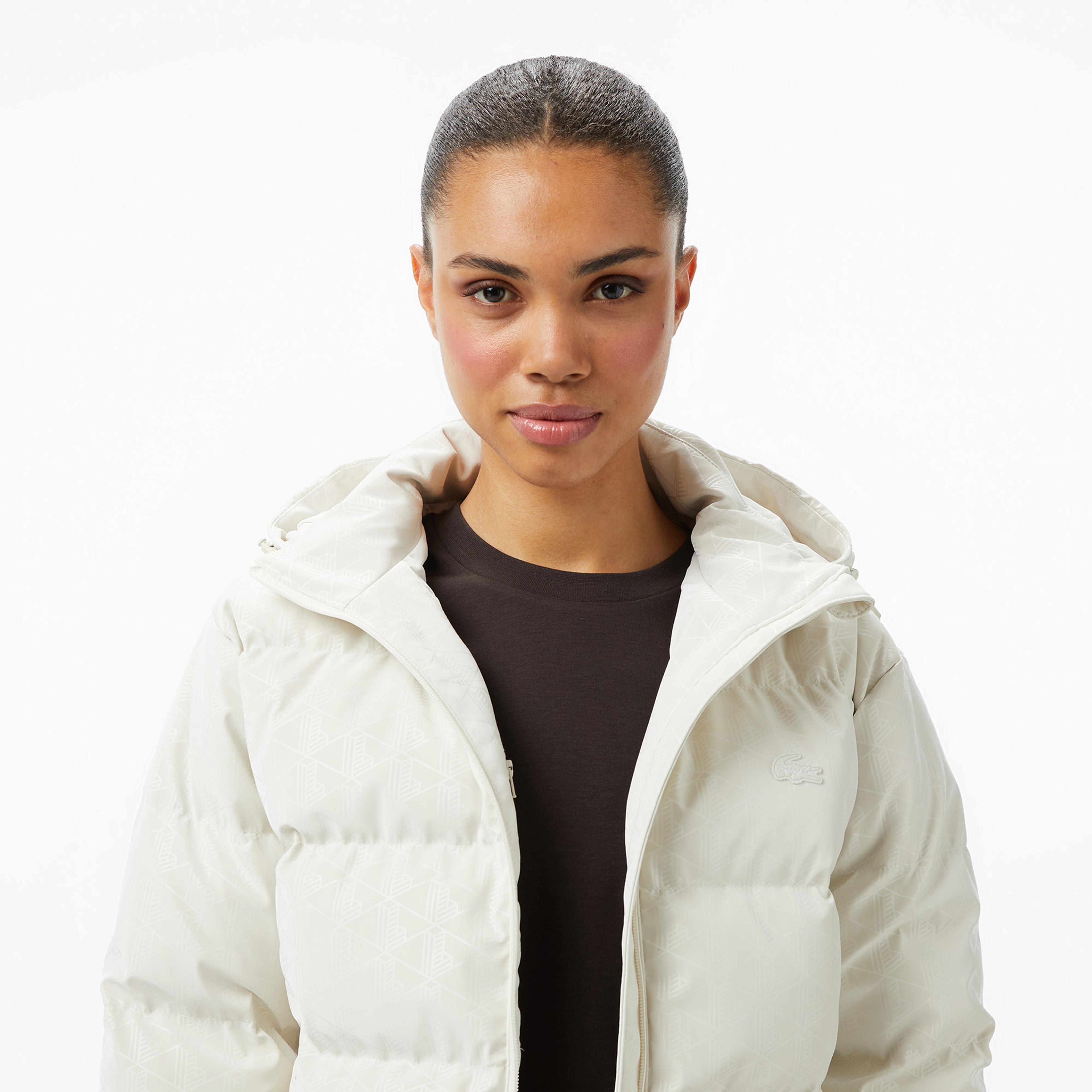 Lacoste Kadın Kapüşonlu Monogram Beyaz Mont