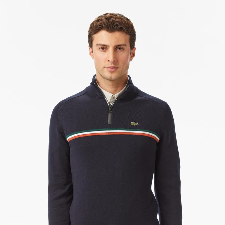 Erkek Classic Fit Yarım Fermuarlı Çizgili Lacivert Kazak