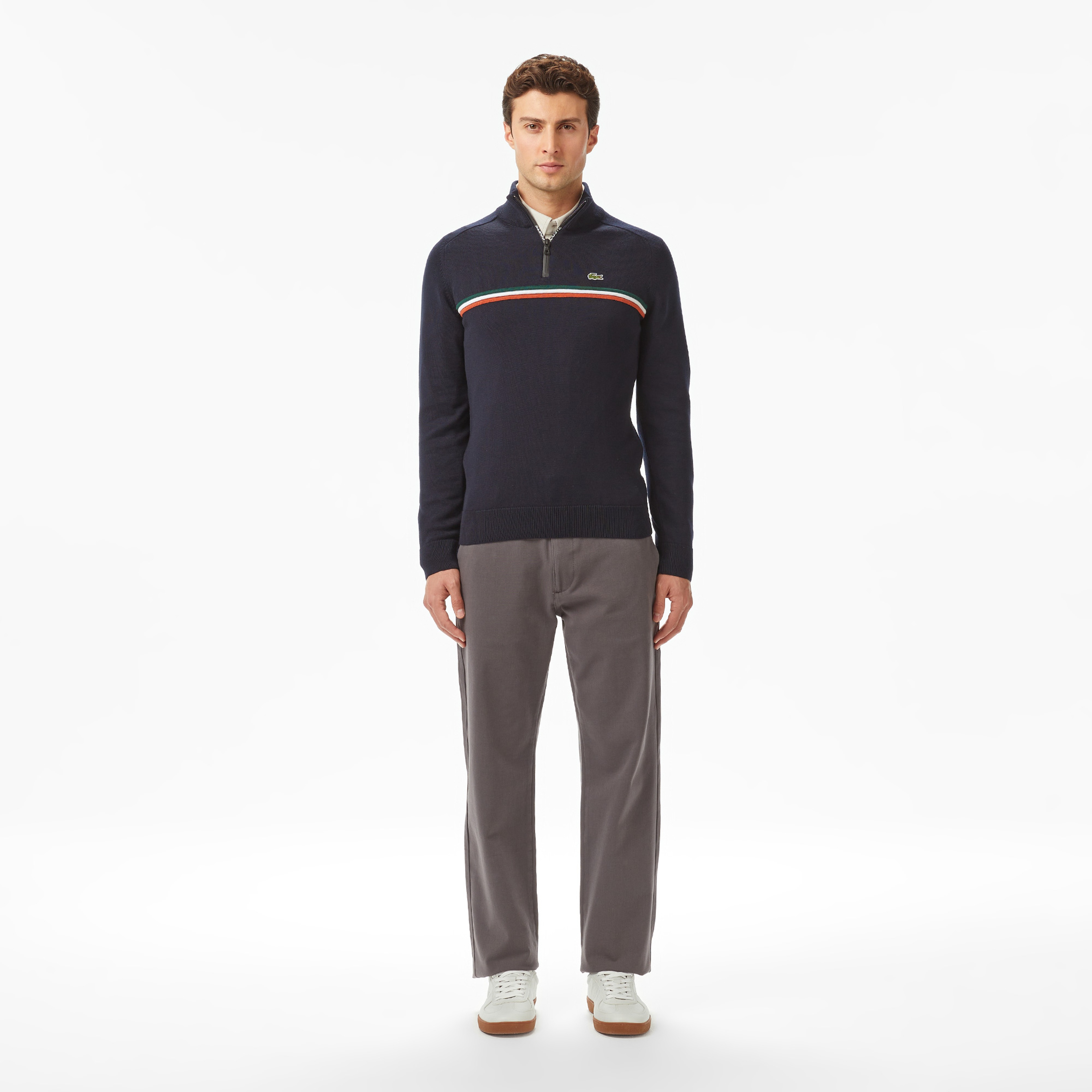 Erkek Classic Fit Yarım Fermuarlı Çizgili Lacivert Kazak