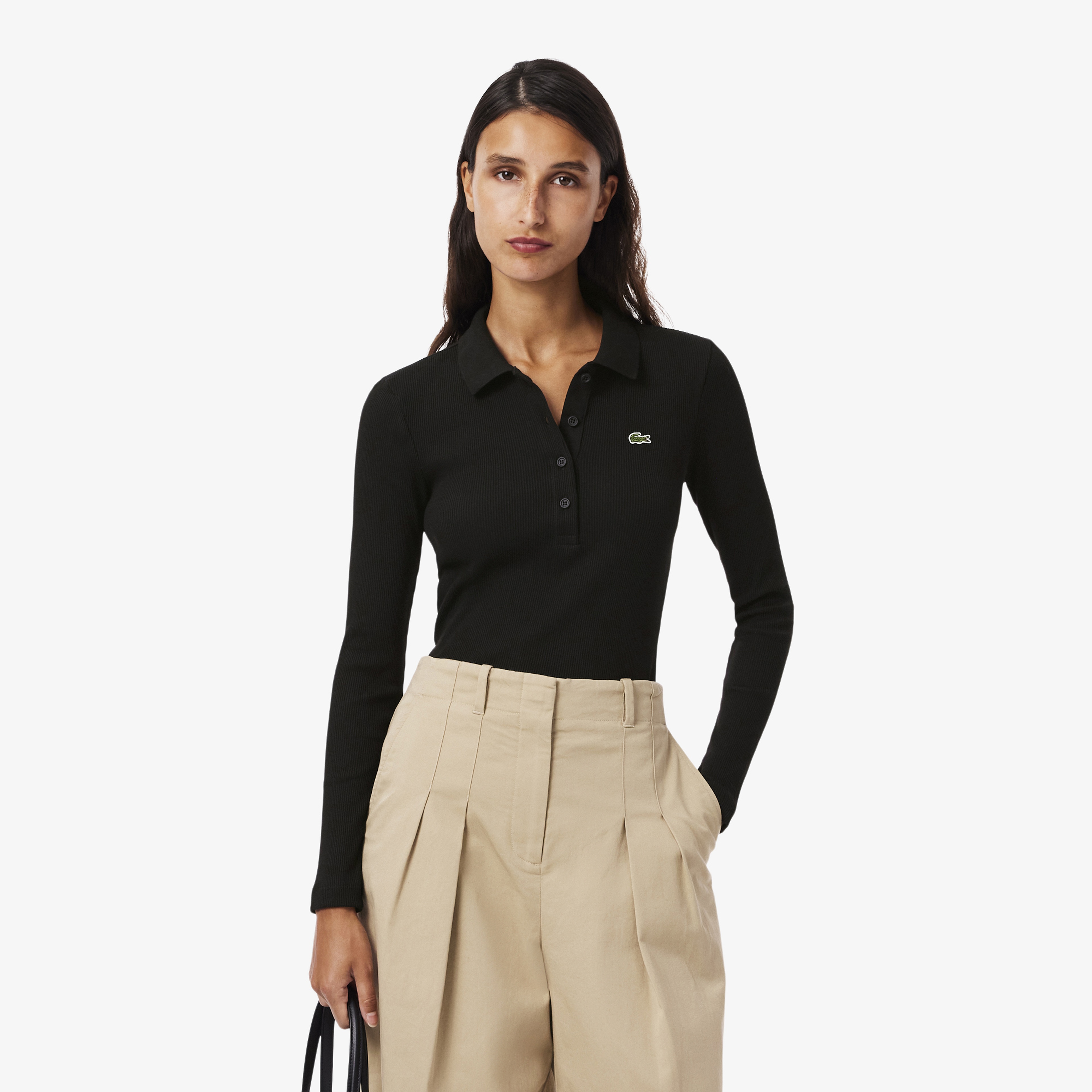Lacoste L.12.D Kadın Slim Fit Uzun Kollu Organik Pamuk Siyah Polo