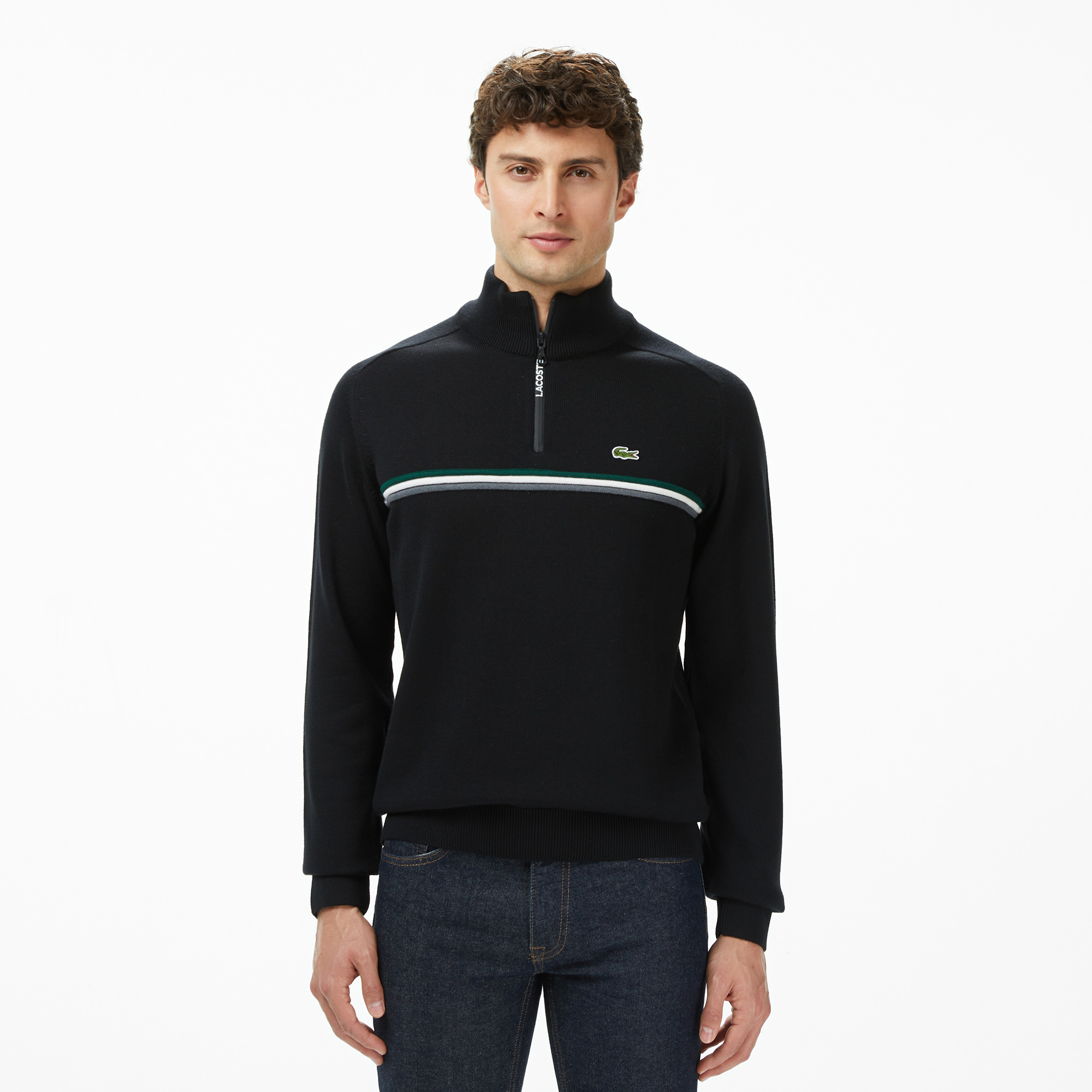 Erkek Classic Fit Yarım Fermuarlı Çizgili Siyah Kazak3 - SAH2613