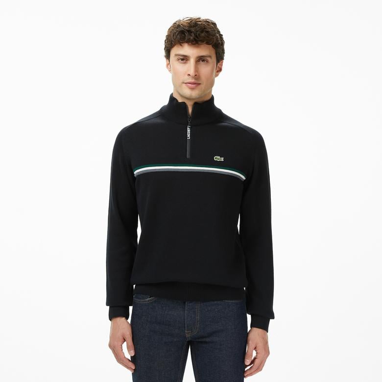 Erkek Classic Fit Yarım Fermuarlı Çizgili Siyah Kazak