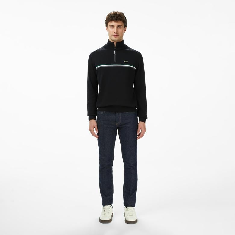 Erkek Classic Fit Yarım Fermuarlı Çizgili Siyah Kazak