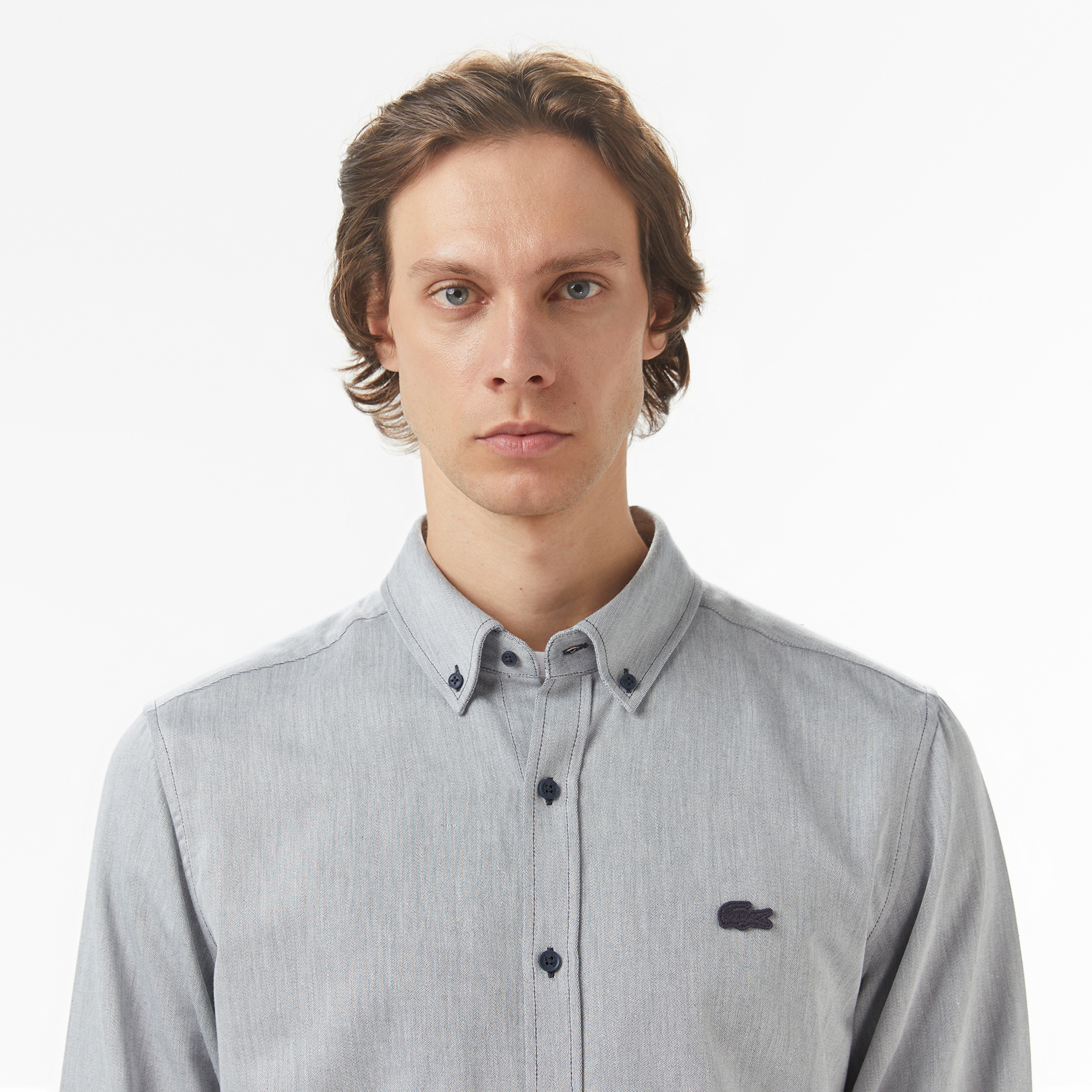 Erkek Regular Fit Düğmeli Yaka Gri Gömlek