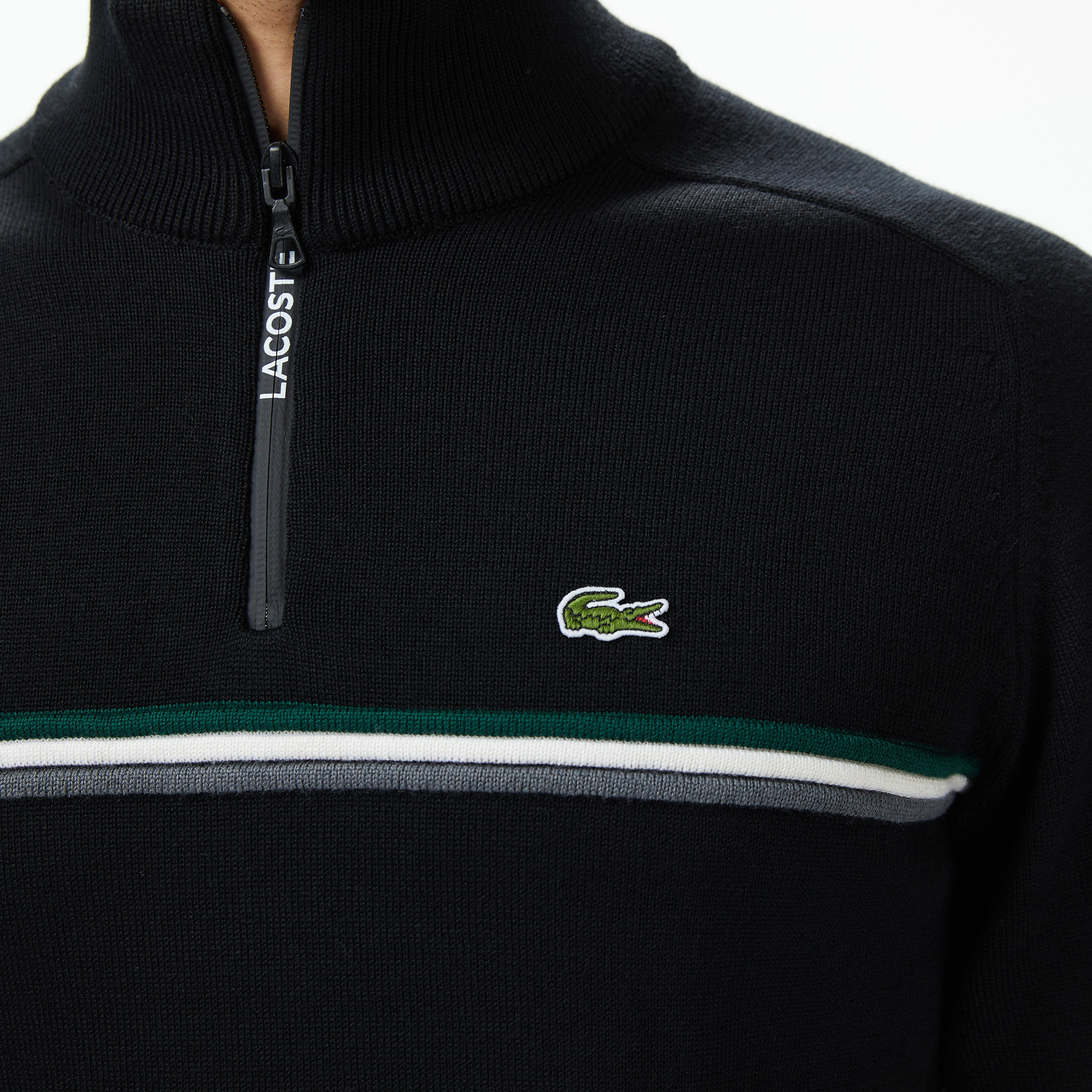 Erkek Classic Fit Yarım Fermuarlı Çizgili Siyah Kazak