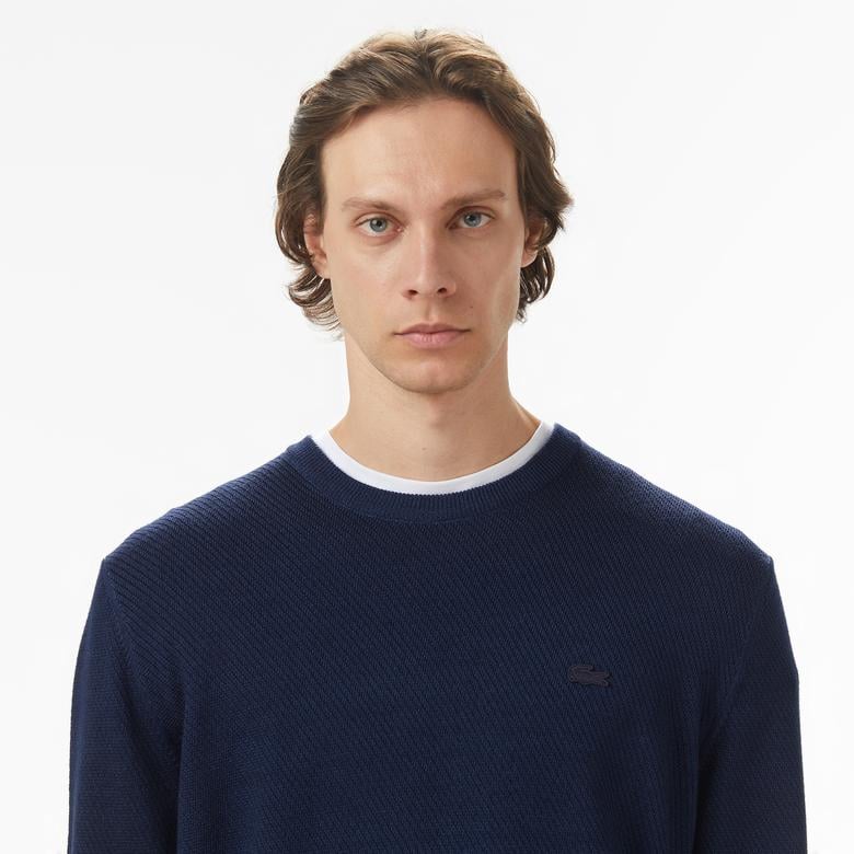 Erkek Classic Fit Bisiklet Yaka Yün Lacivert Kazak