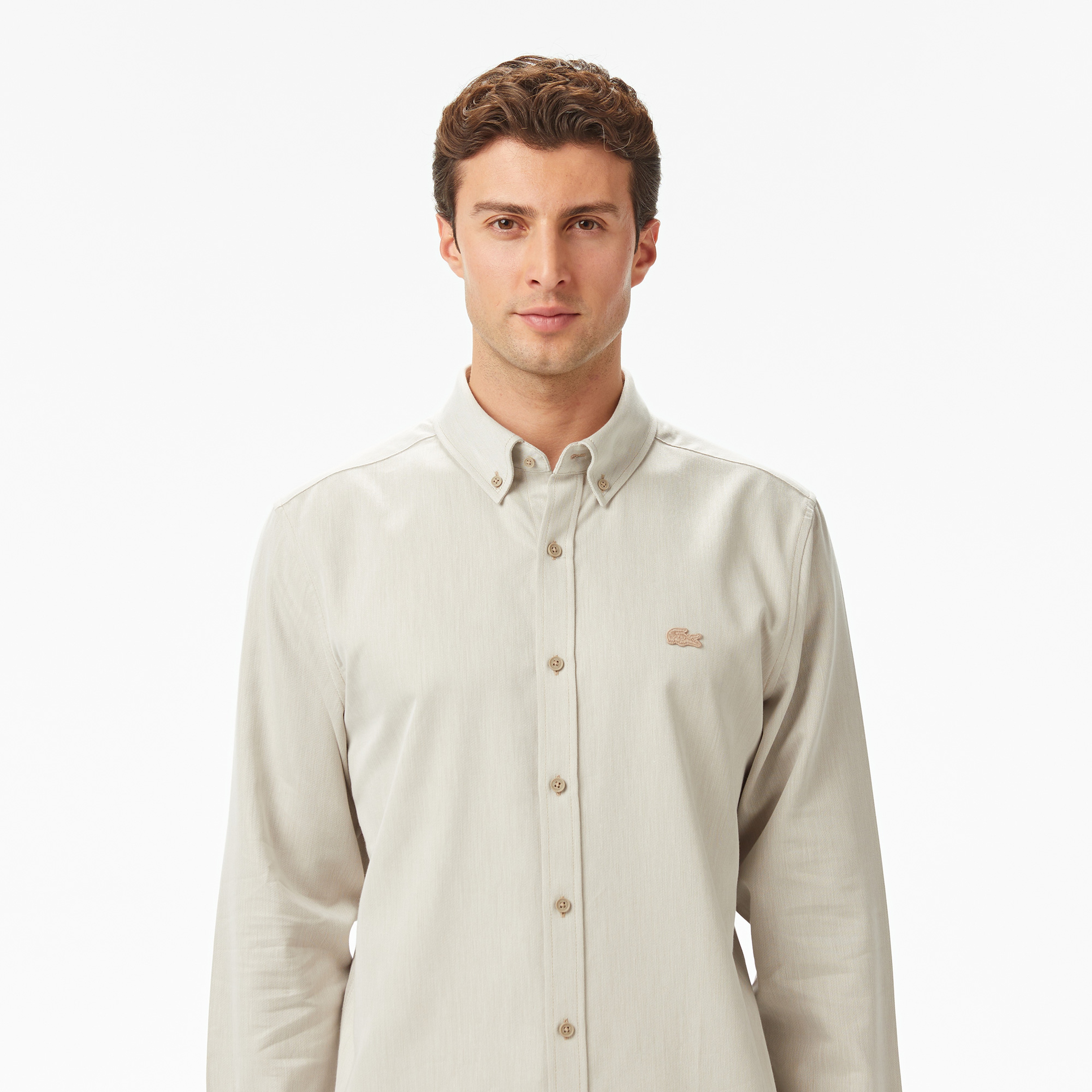 Erkek Regular Fit Düğmeli Yaka Bej Gömlek