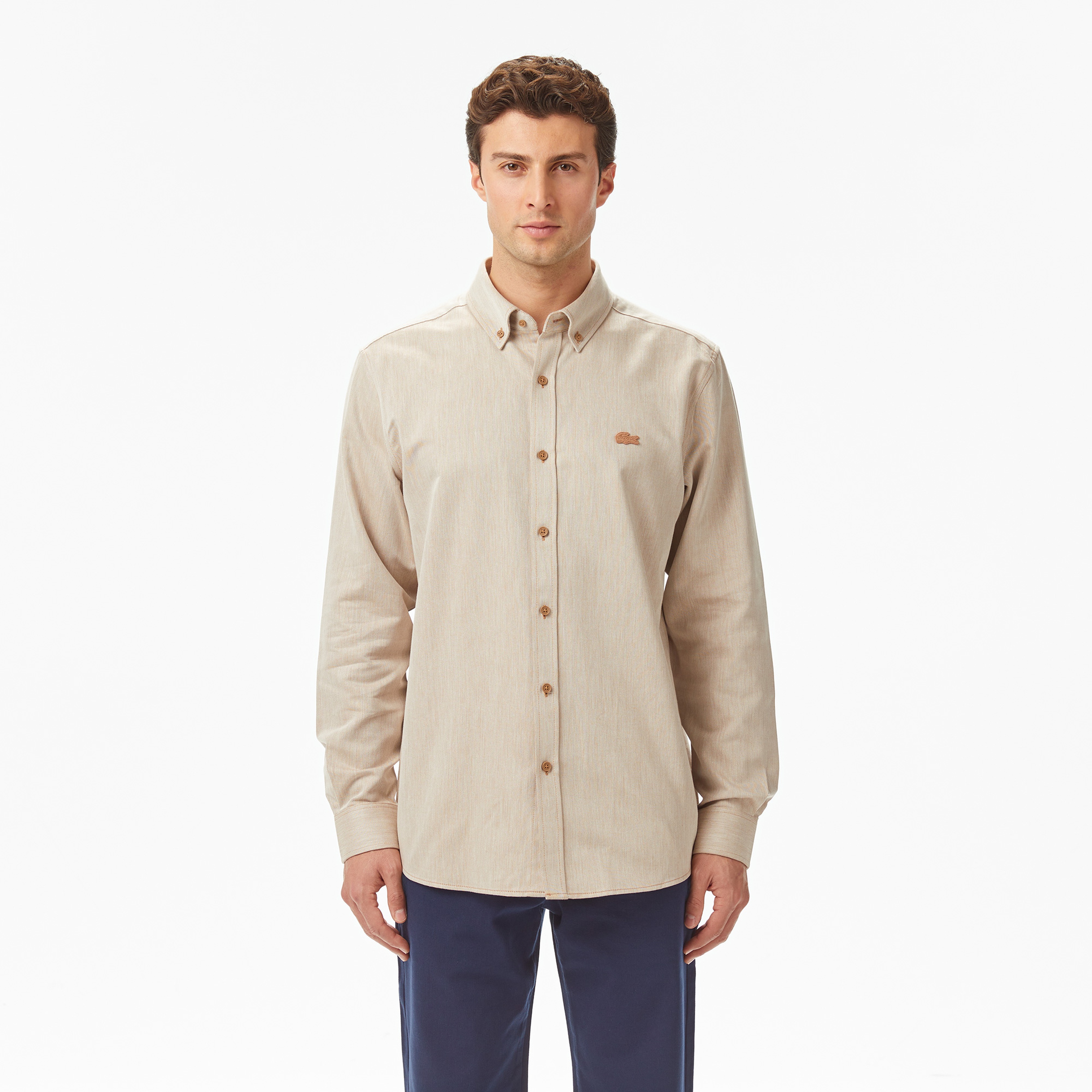 Erkek Regular Fit Düğmeli Yaka Bej Gömlek