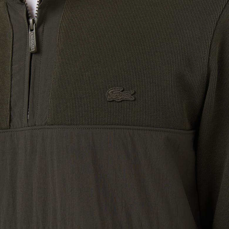 Erkek Classic Fit Yarım Fermuarlı Haki Sweatshirt