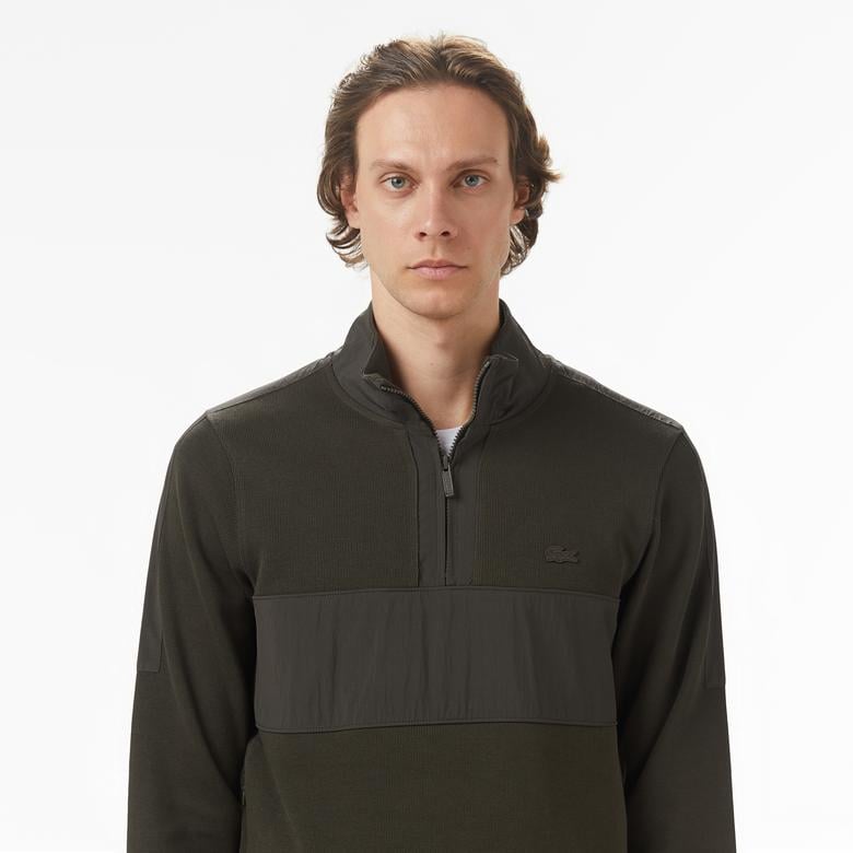 Erkek Classic Fit Yarım Fermuarlı Haki Sweatshirt
