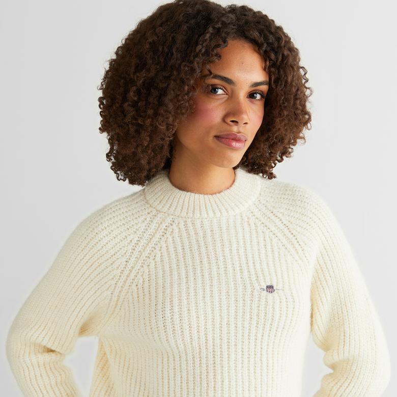 GANT Kadın Krem Cropped Fit Bisiklet Yaka Triko