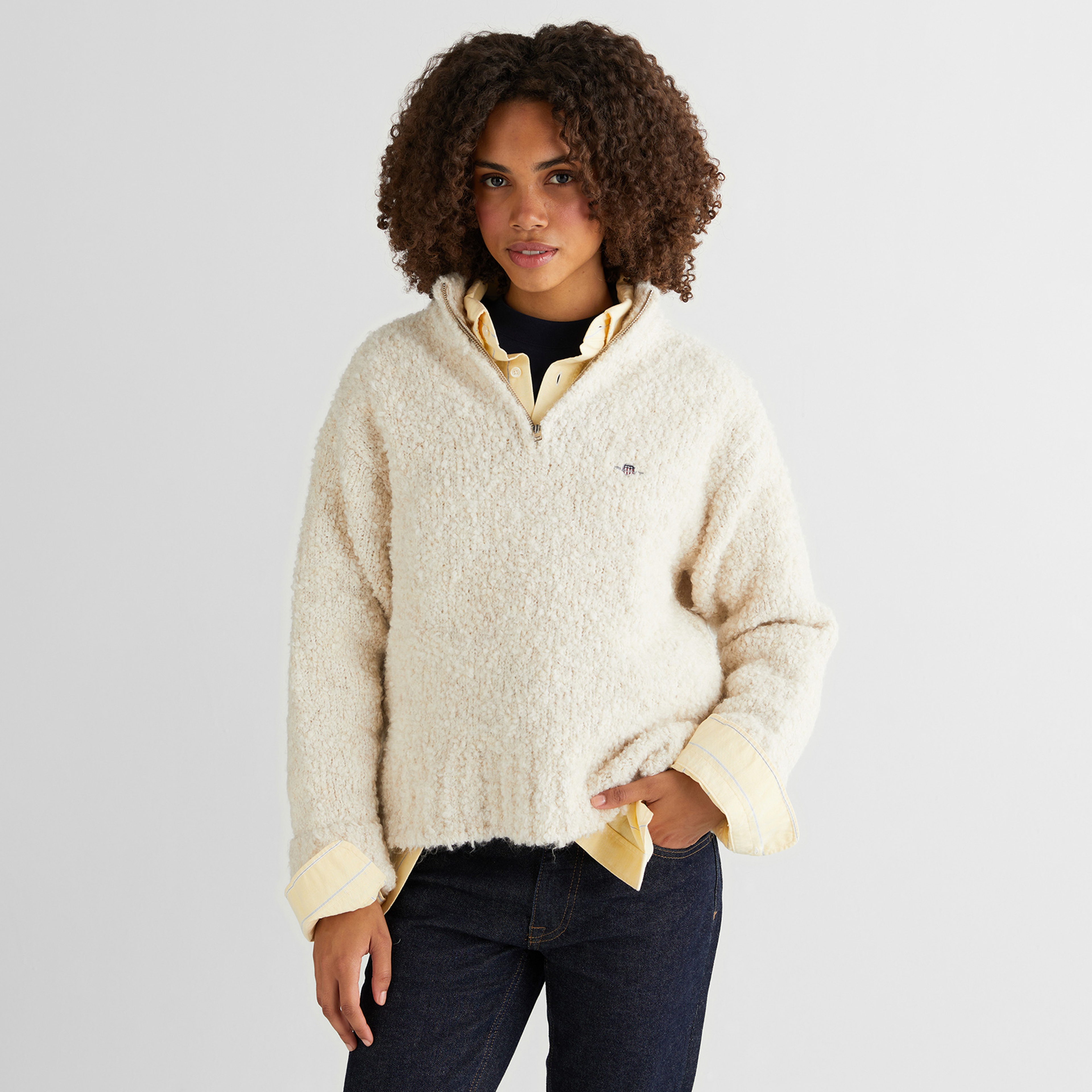 GANT Kadın Krem Relaxed Fit Yarım Fermuarlı Triko