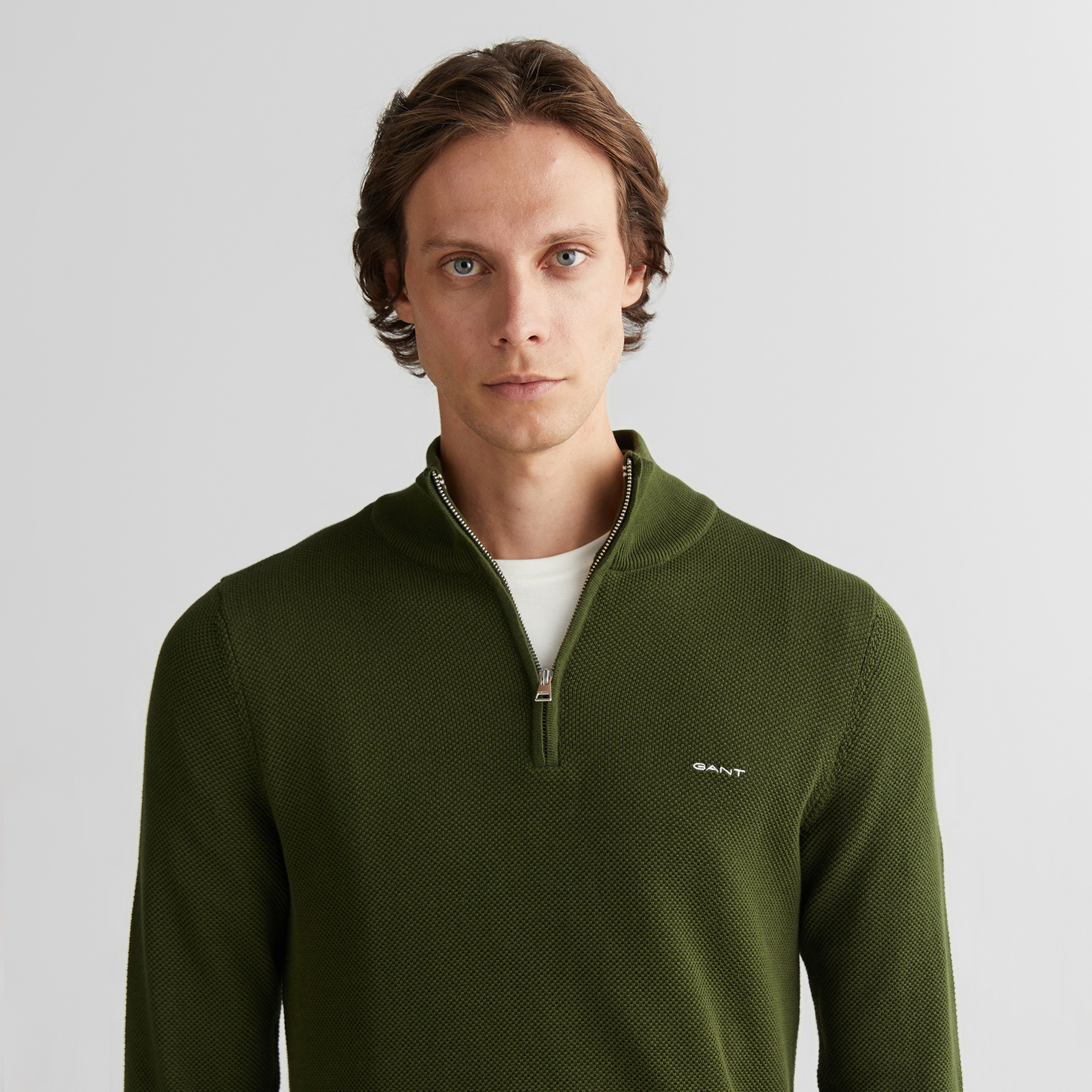 GANT Erkek Haki Regular Fit Yarım Fermuarlı Triko