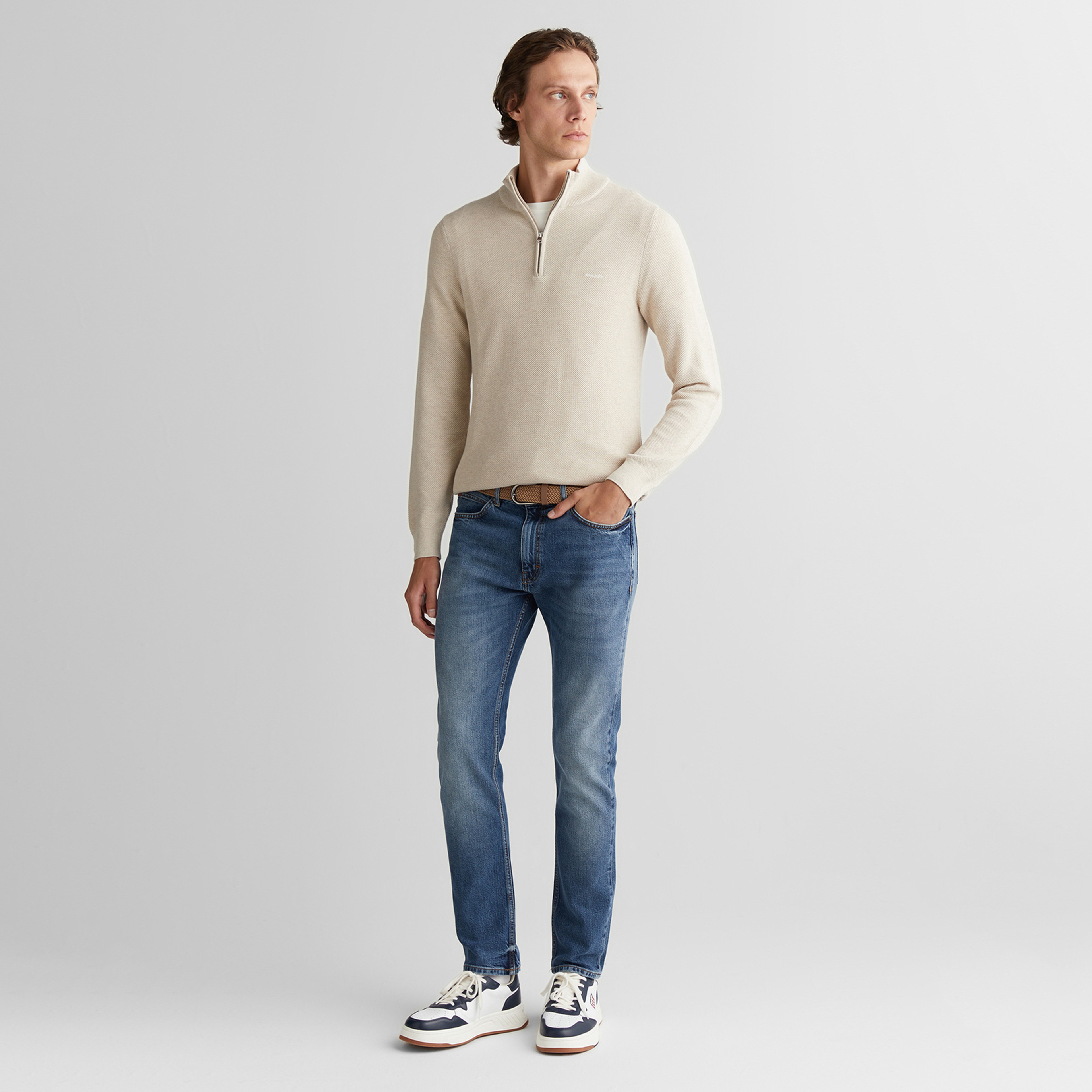 GANT Erkek Bej Regular Fit Yarım Fermuarlı Triko