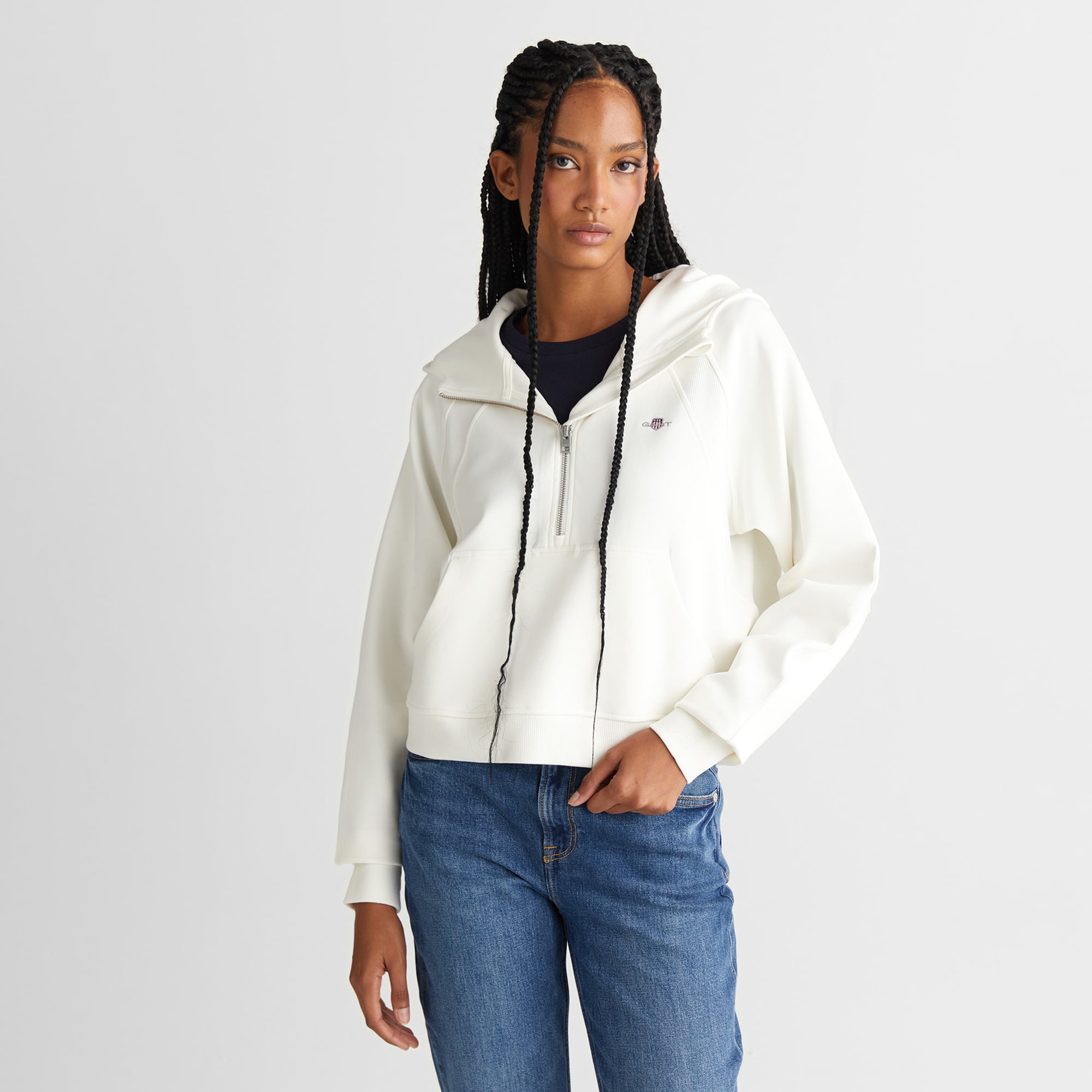 GANT Kadın Beyaz Regular Fit Kapüşonlu Sweatshirt