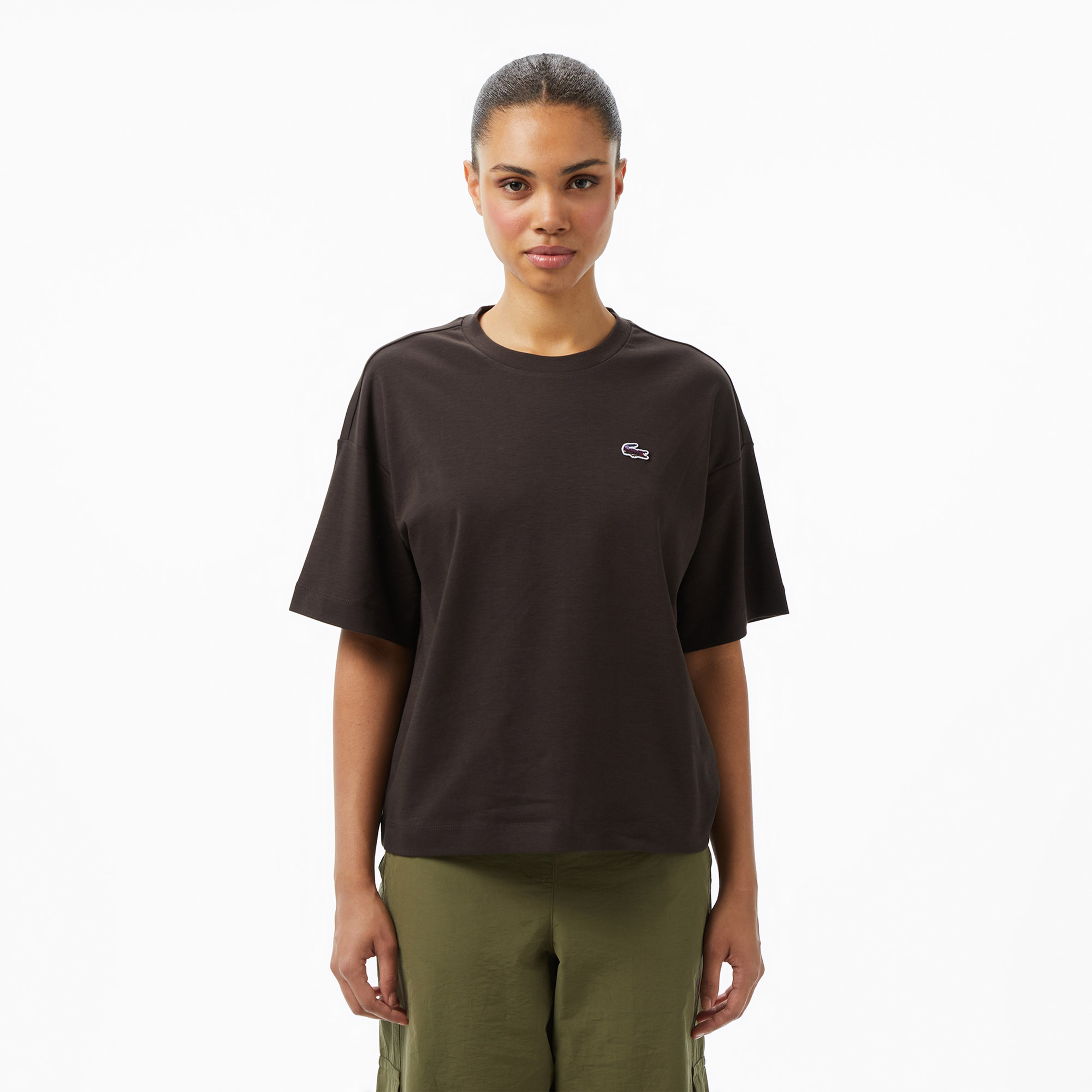 Lacoste Relaxed Fit Landscape Crocodile Kadın Siyah T-Shirt
