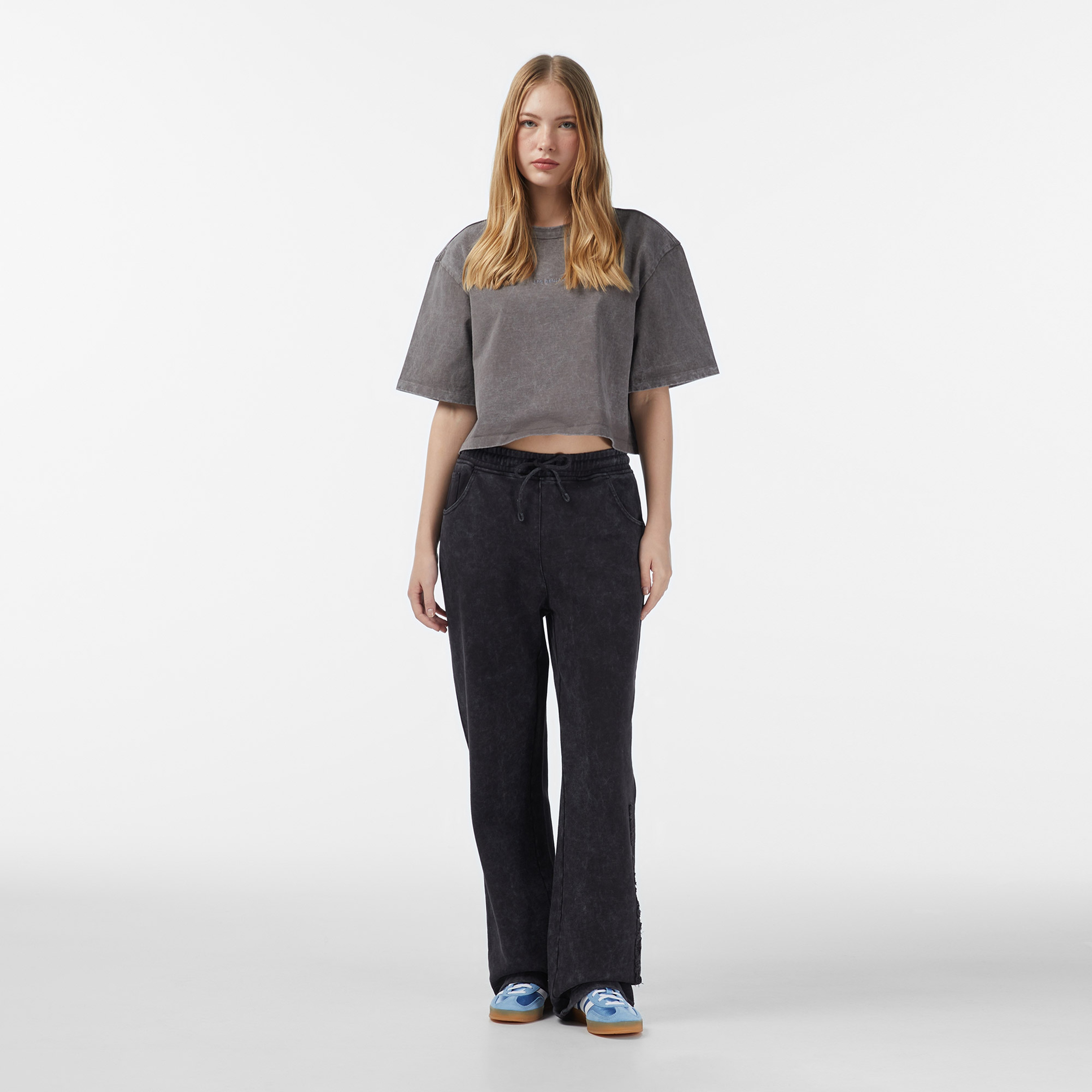 Les Benjamins Crop Oversize Fit Kadın Gri T-Shirt