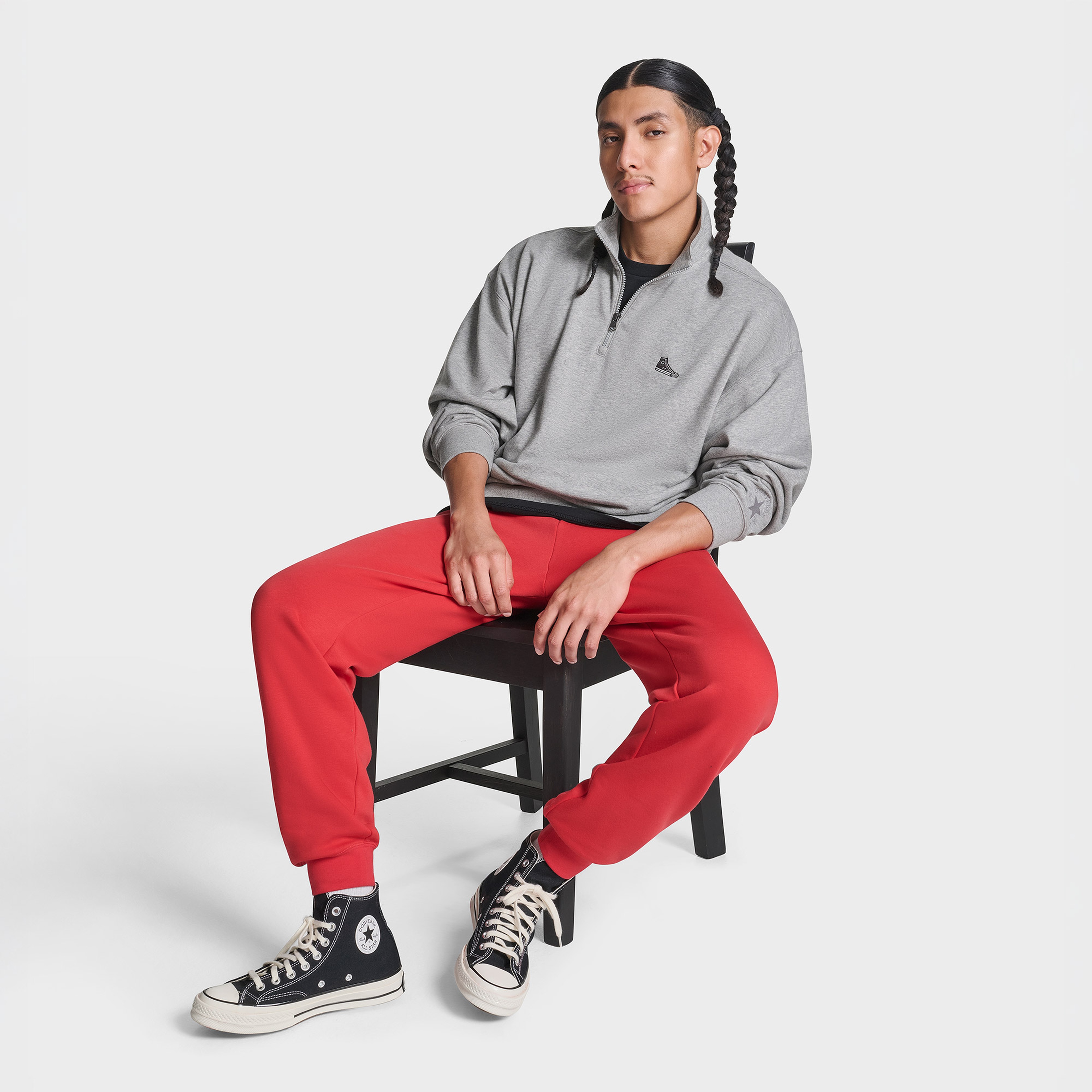 Converse Loose Fit Sneaker Patch Half Zip Erkek Gri Sweatshirt