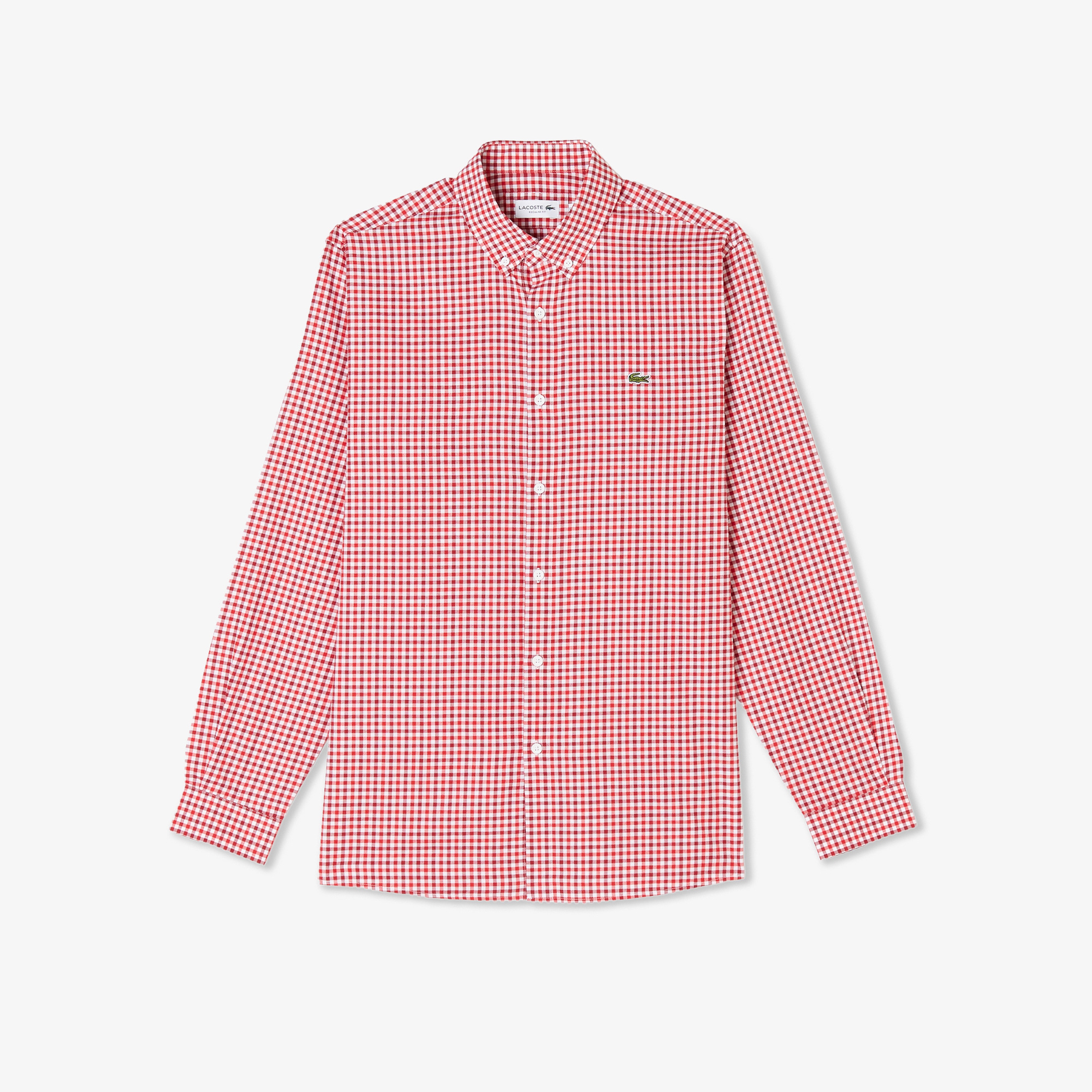 Erkek Regular Fit Düğmeli Yaka Kareli Kırmızı Gömlek