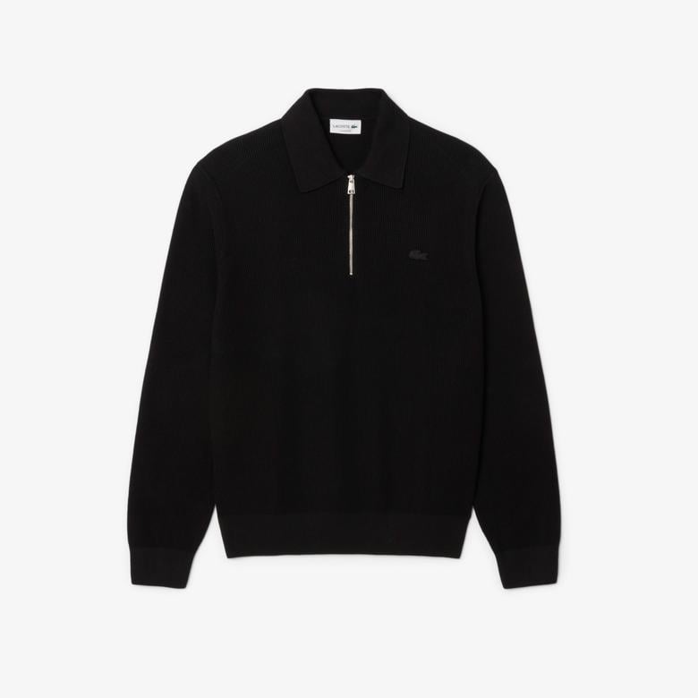 Erkek Classic Fit Yarım Fermuarlı Siyah Kazak