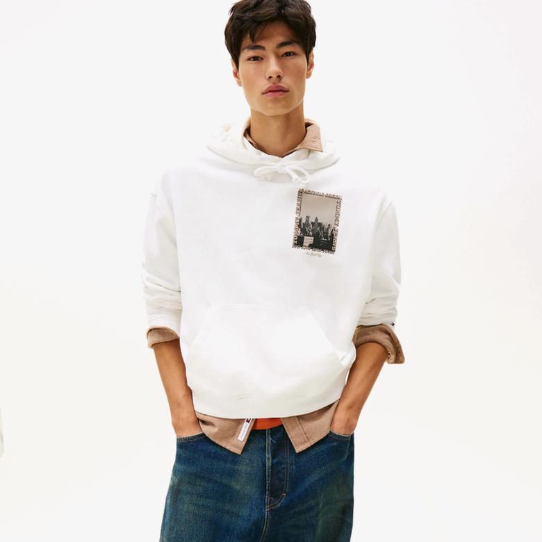 Tommy Hilfiger 90s Washed Photo City Erkek Beyaz Sweatshirt
