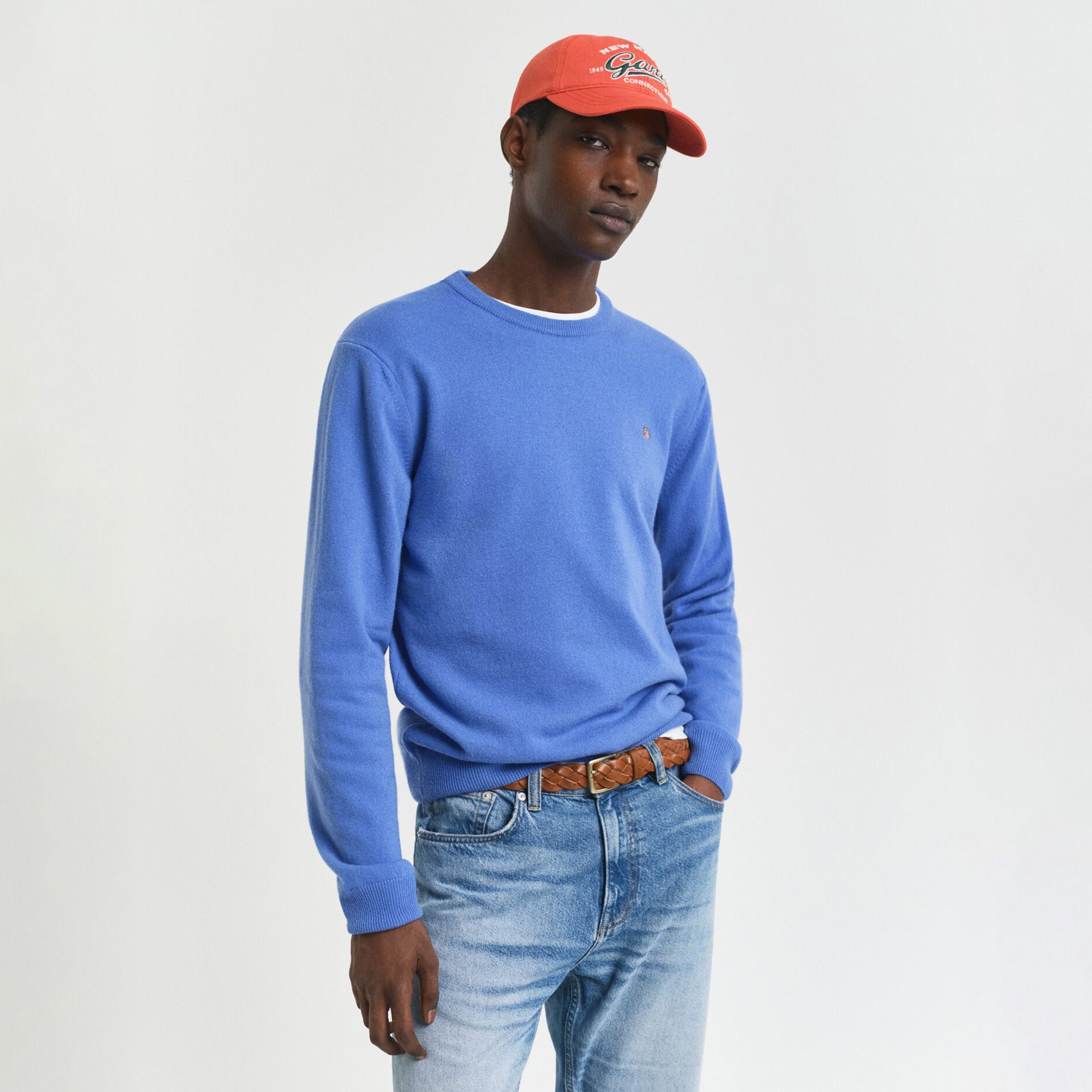 GANT Erkek Mavi Regular Fit Bisiklet Yaka Yün Kazak