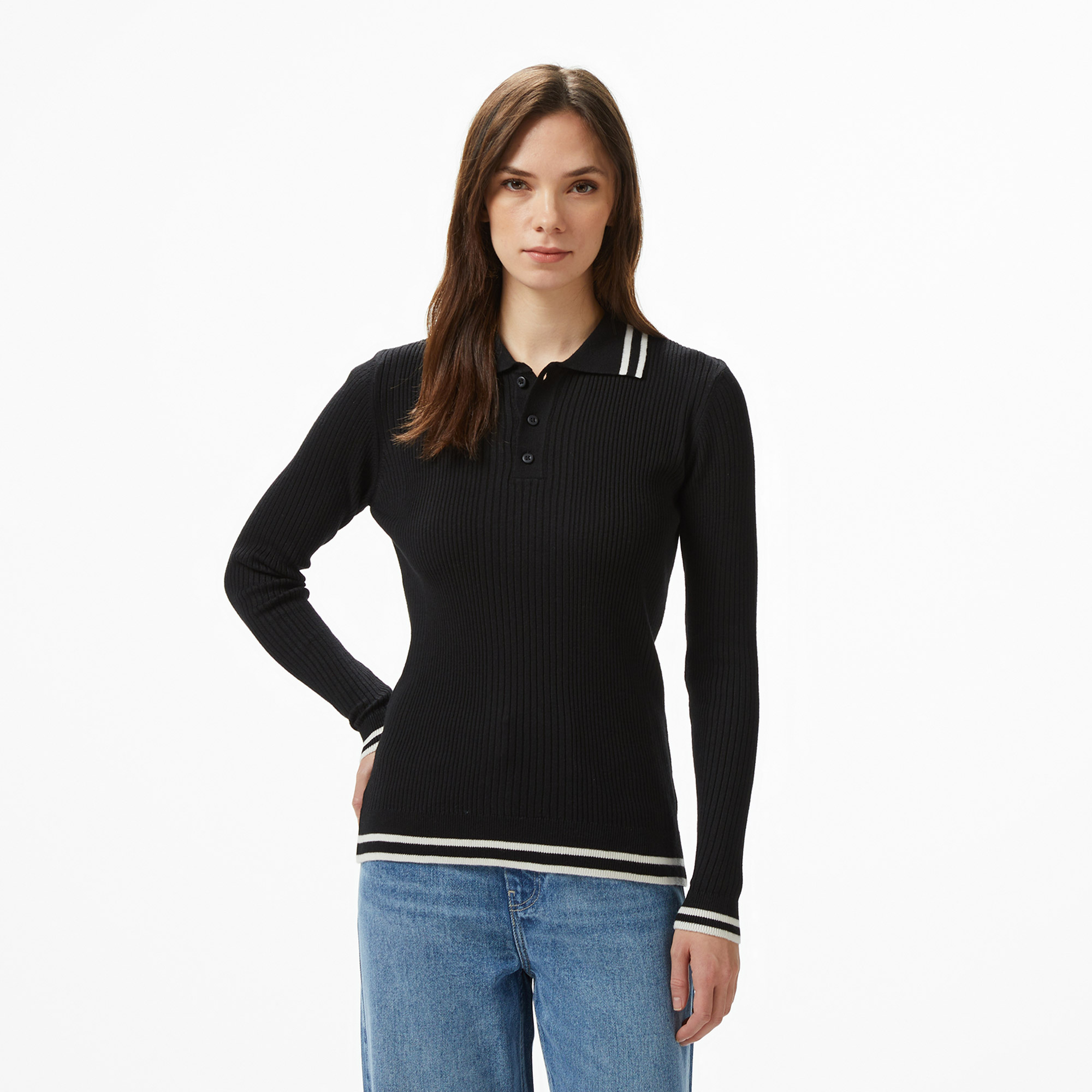 トップス tdk_void polo Nautica Kadın Siyah Classic Fit Uzun Kollu Polo Yaka T