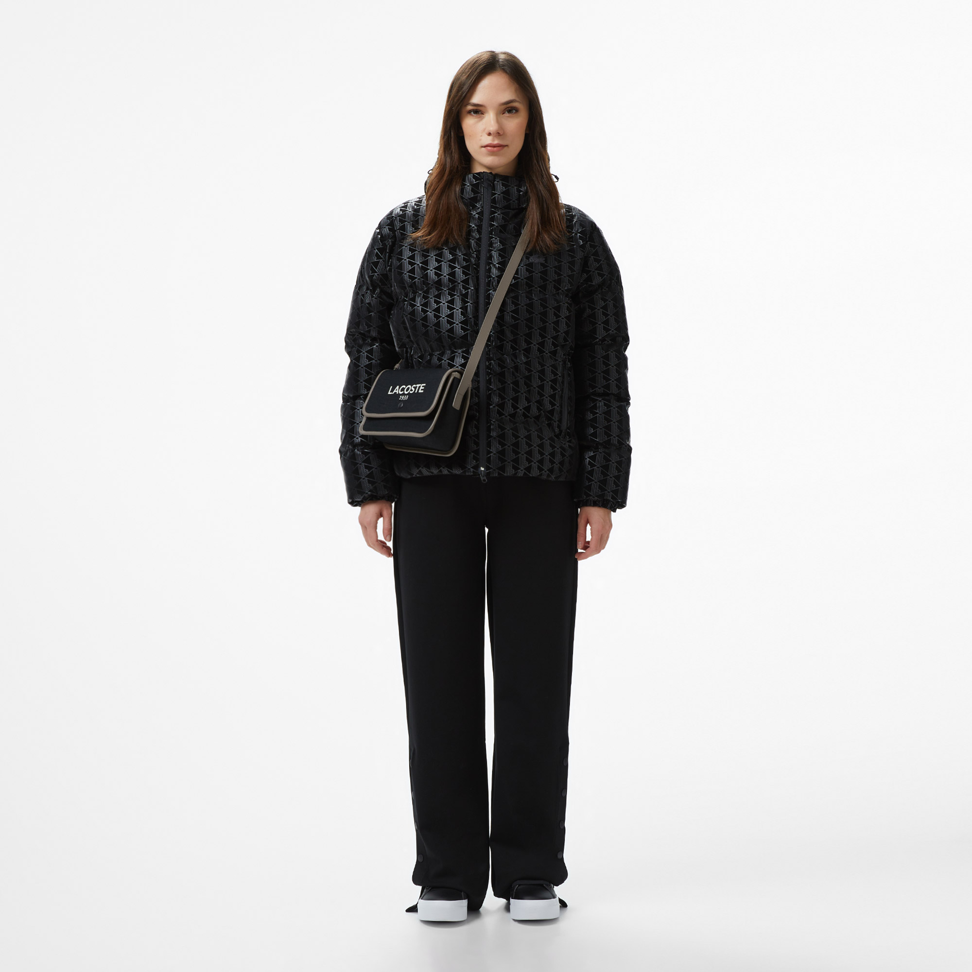 Lacoste Kadın Kapüşonlu Monogram Siyah Mont