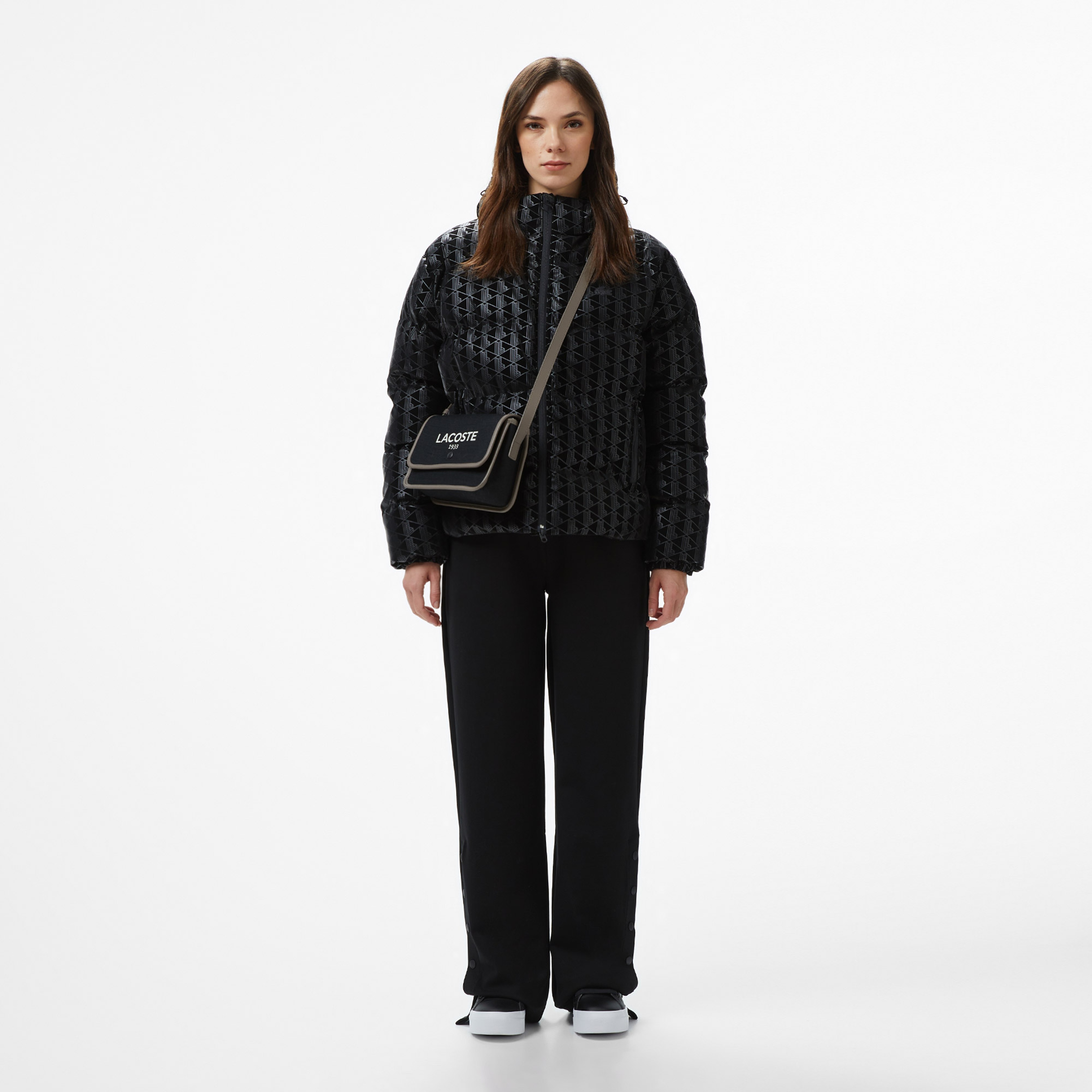 Lacoste Kadın Kapüşonlu Monogram Siyah Mont
