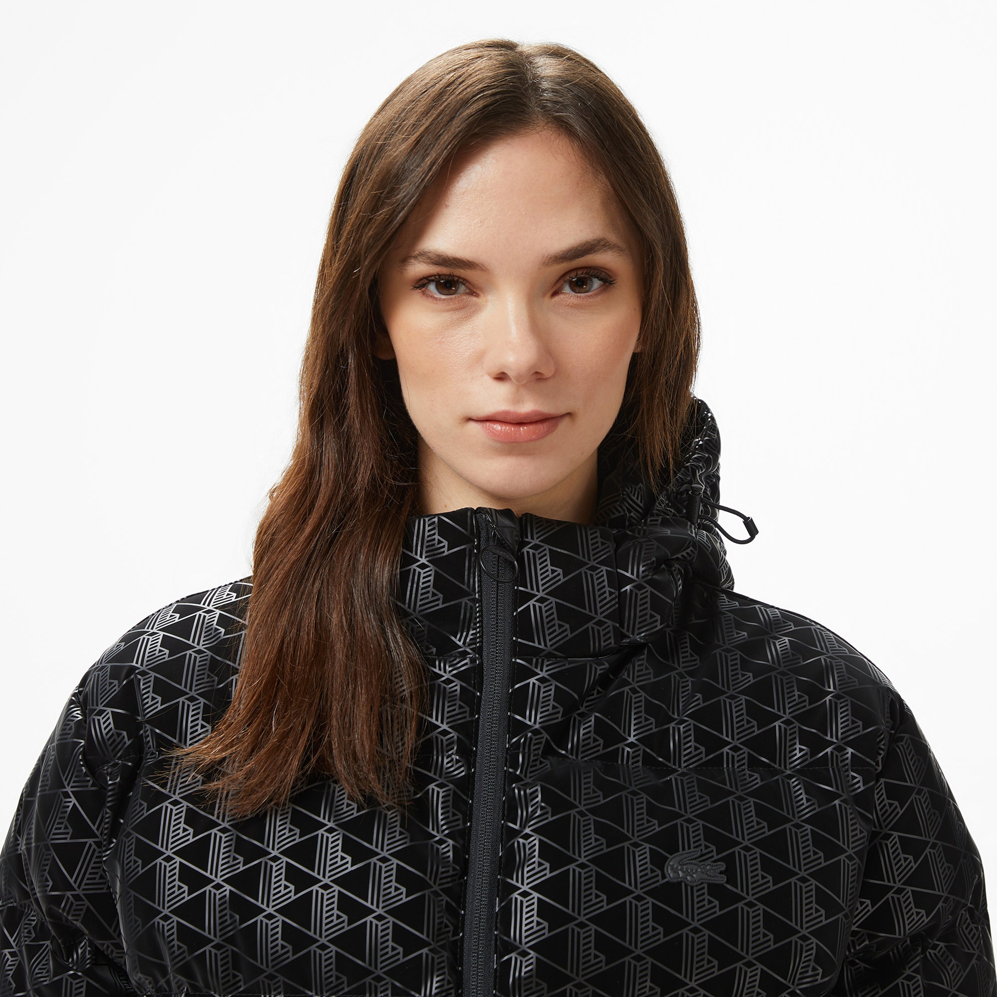 Lacoste Kadın Kapüşonlu Monogram Siyah Mont