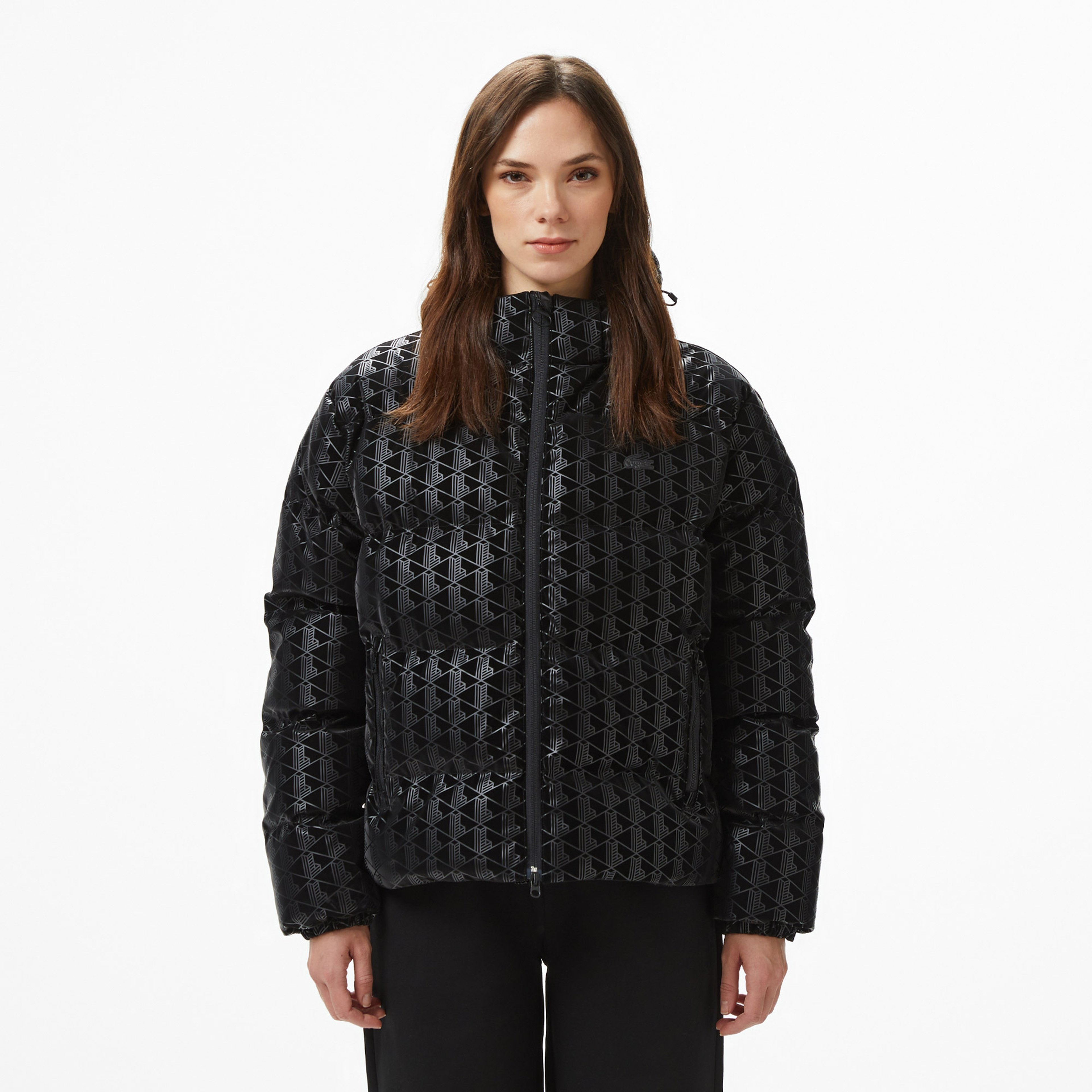 Lacoste Kadın Kapüşonlu Monogram Siyah Mont