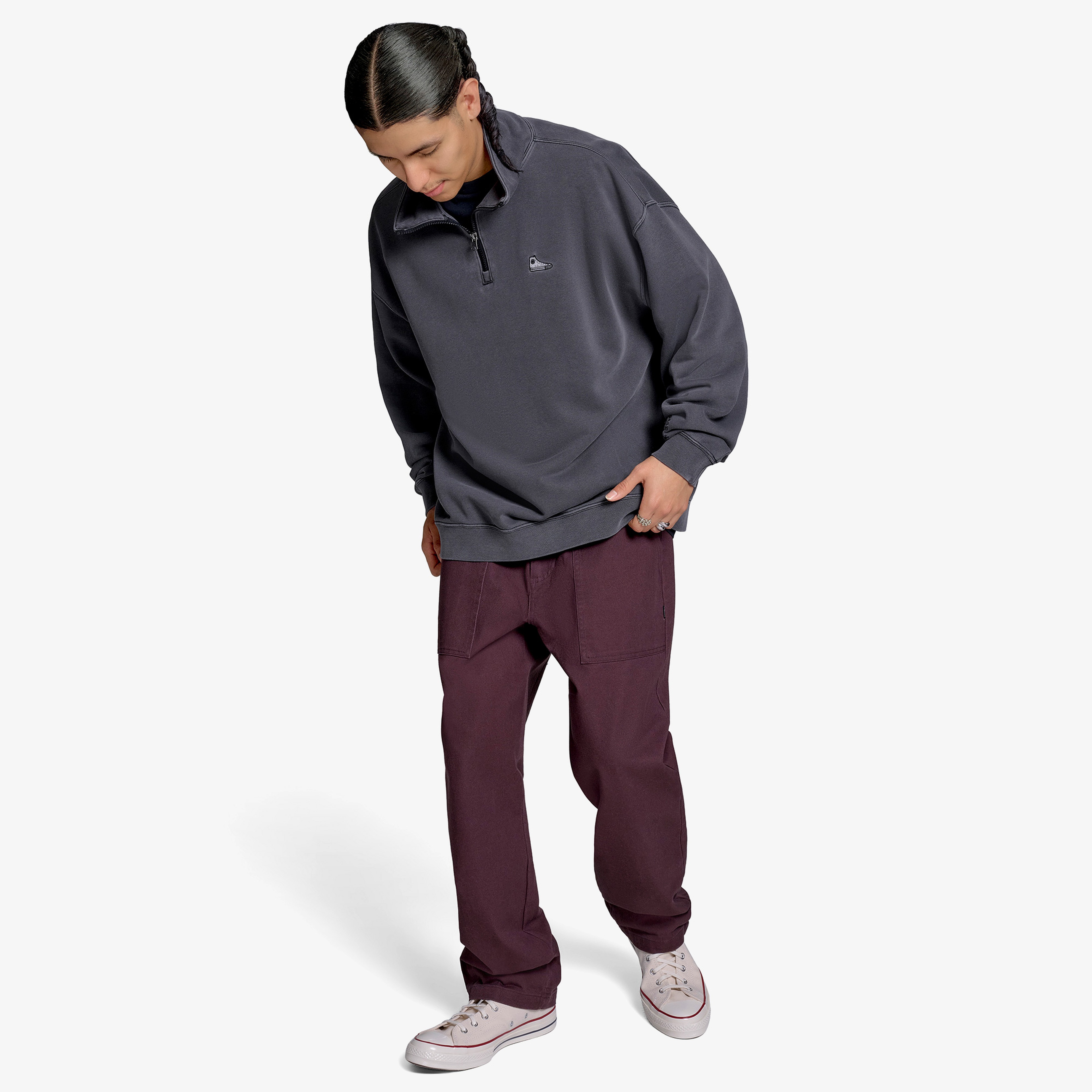 Converse Loose Fit Sneaker Patch Half Zip Erkek Siyah Sweatshirt