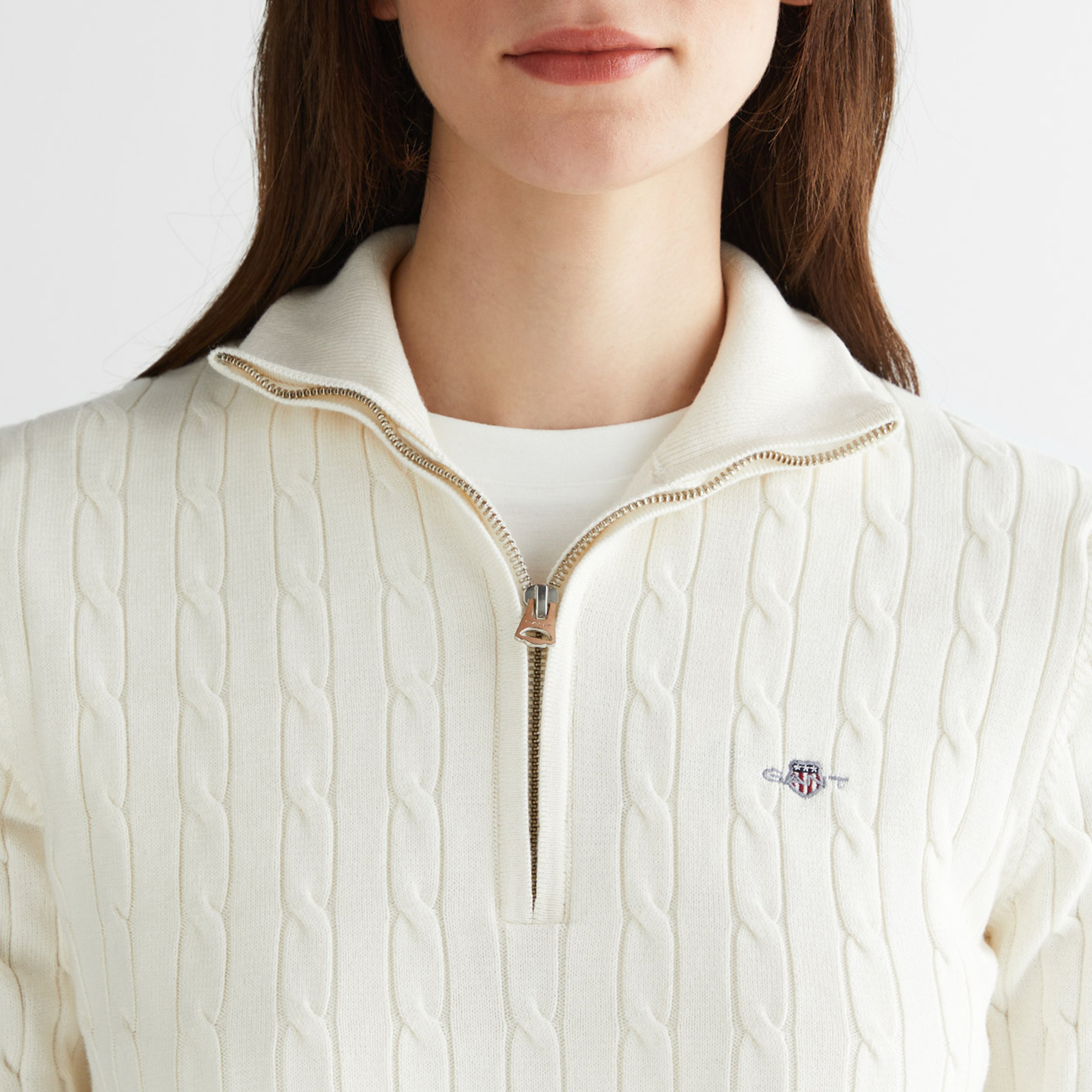 GANT Kadın Beyaz Regular Fit Yarım Fermuarlı Triko