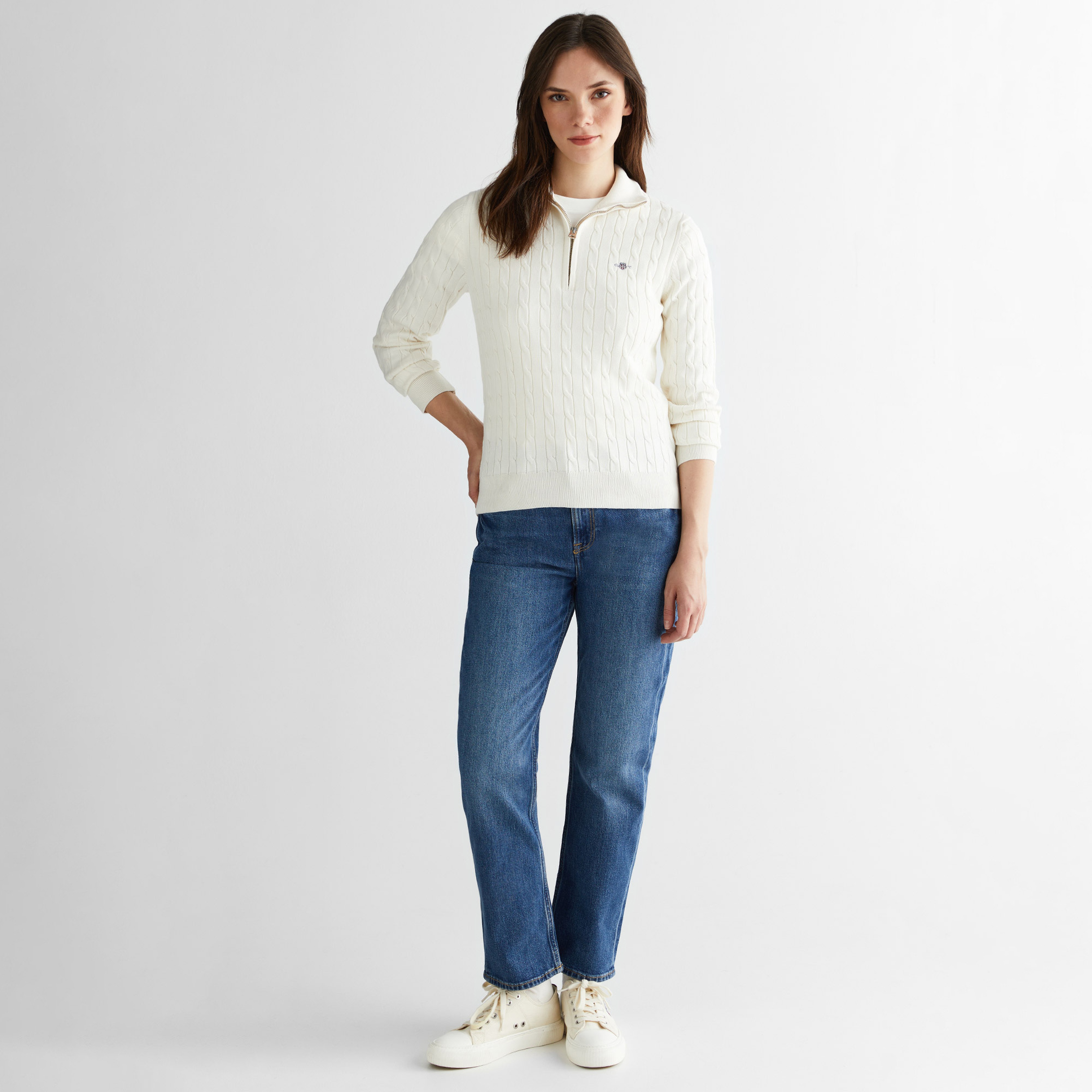 GANT Kadın Beyaz Regular Fit Yarım Fermuarlı Triko