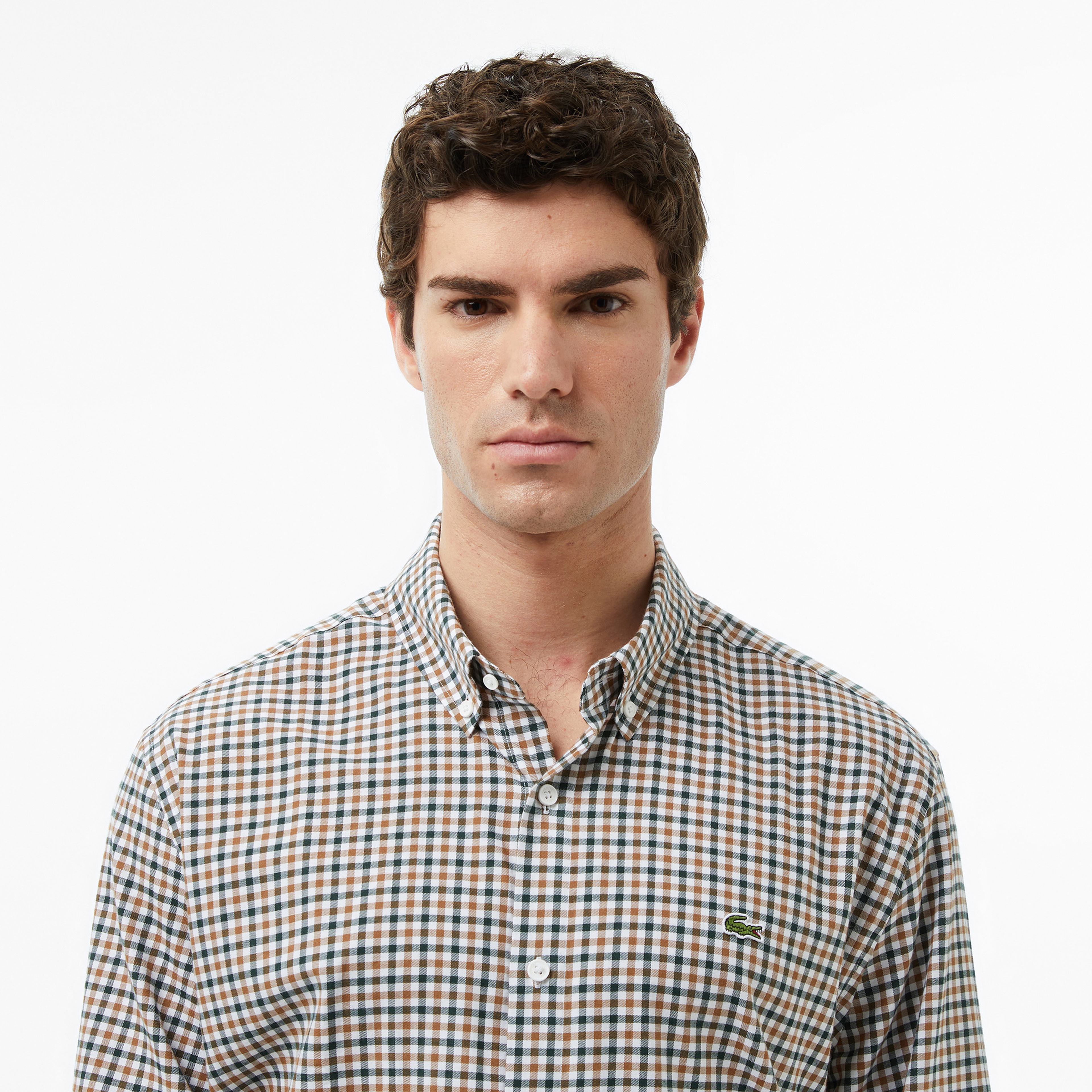 Erkek Regular Fit Düğmeli Yaka Kareli Kahverengi Gömlek