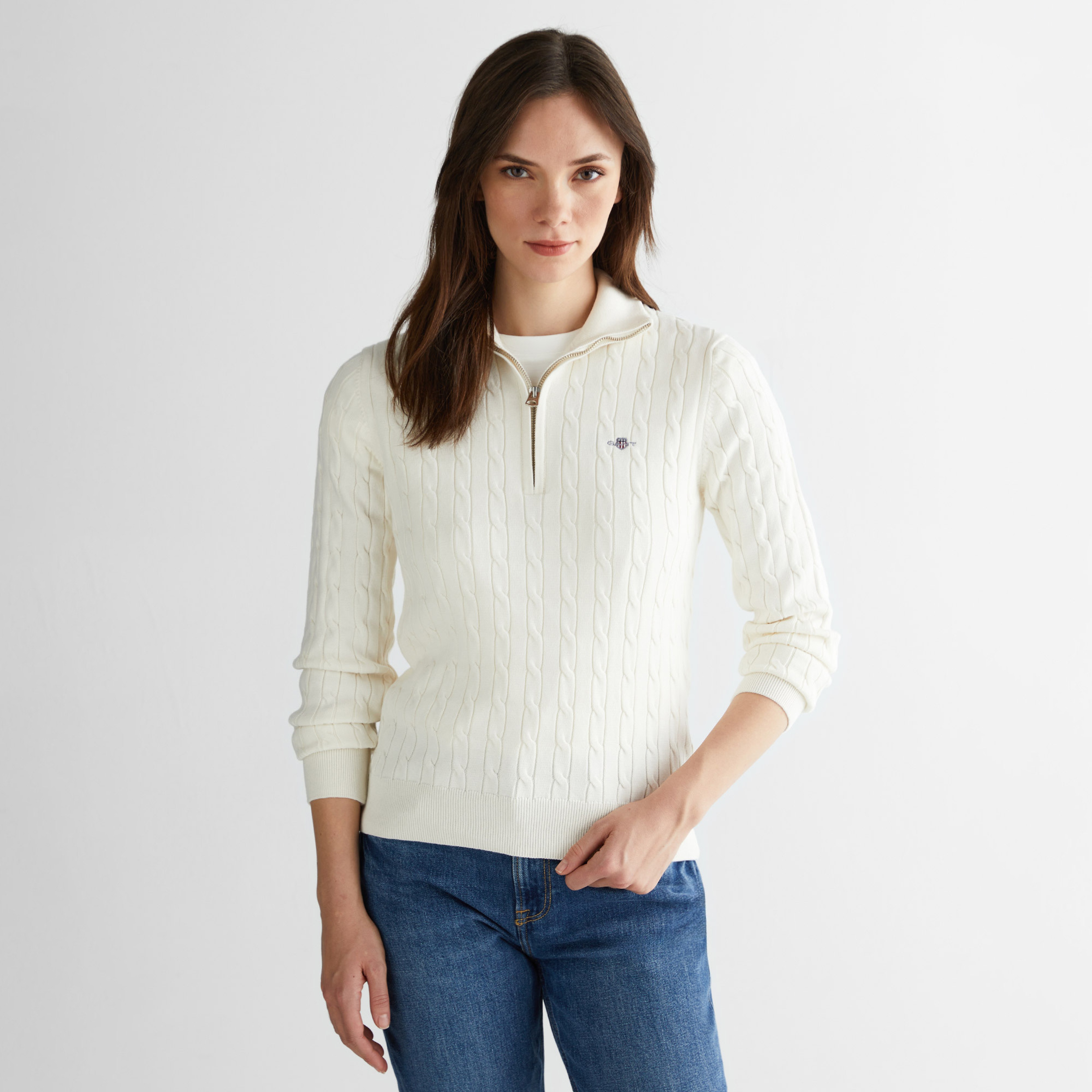 GANT Kadın Beyaz Regular Fit Yarım Fermuarlı Triko