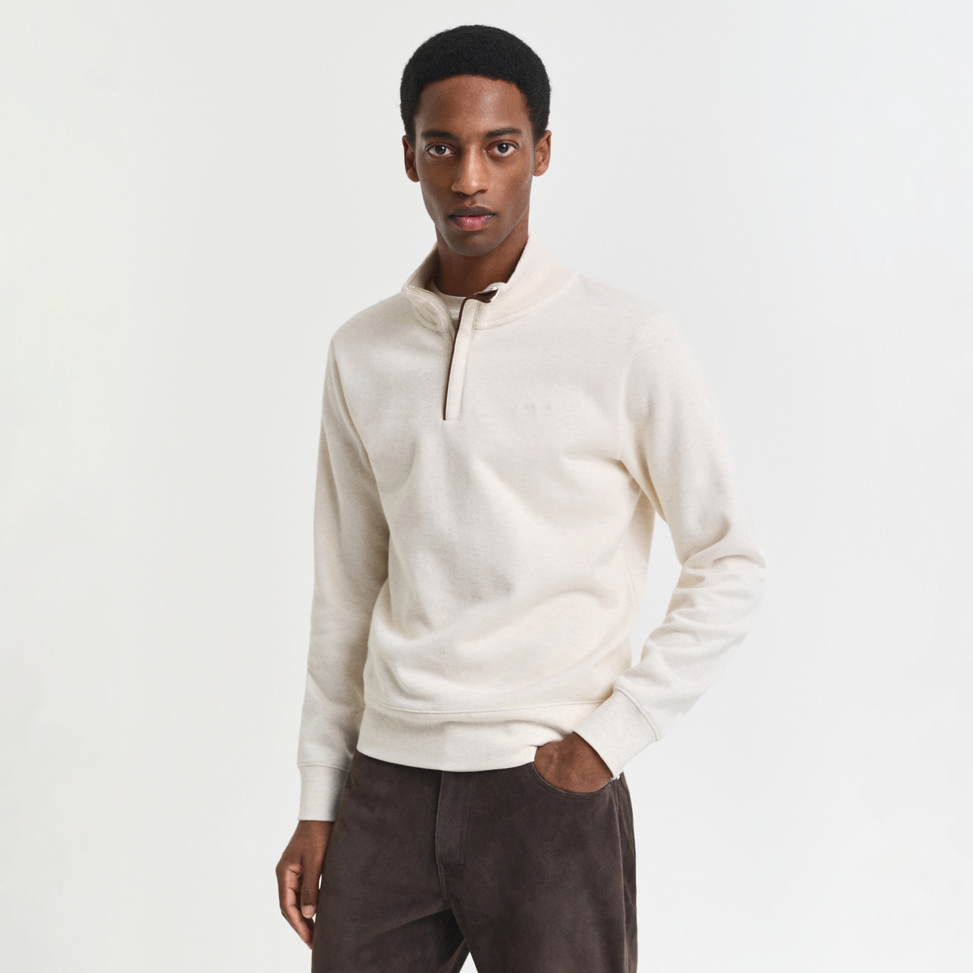 GANT Erkek Krem Regular Fit Yarım Fermuarlı Sweatshirt